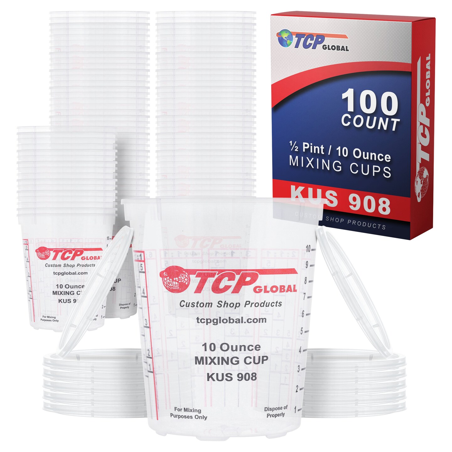 Custom Shop Paint Mixing Cups, 10-Ounce (Box of 100) - Plastic Measuring Cups for Liquids, Automotive Painting, Epoxy Resin, Acrylic Arts, Crafts, Disposable or Reusable, Graduated, Mixing Ratios