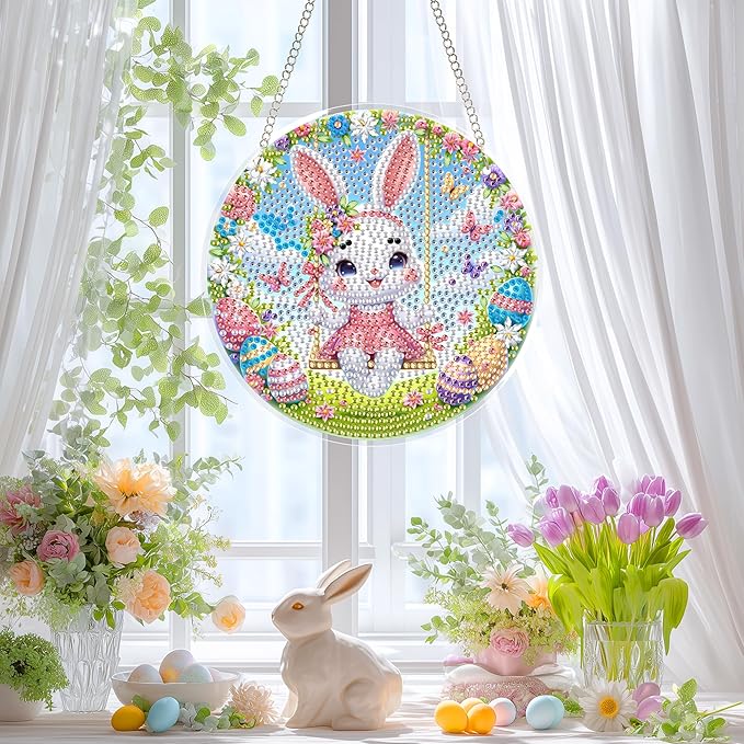 Glass Diamond Art Kit Hanging Ornament, DIY Stained Glass Diamonds Painting Hanging Board Kit, Crystal Diamond Art Painting Easter Pendant Full Drill (Swing Bunny)