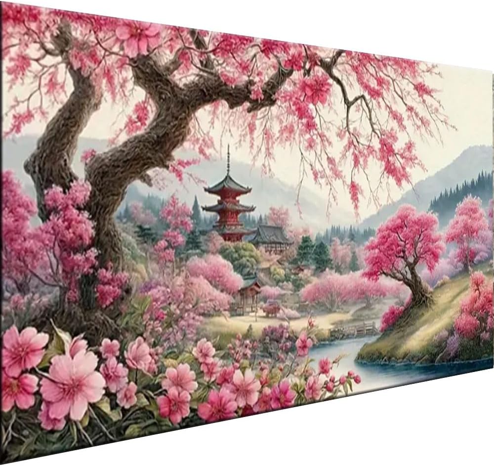 Large Size Cherry Blossom Trees Diamond Painting Kit, 5D DIY Diamond Painting Kits for Adults Landscape, Fun DIY Crafts for Adults, Round Diamond Art Canvas 27.5 X 15.7inch