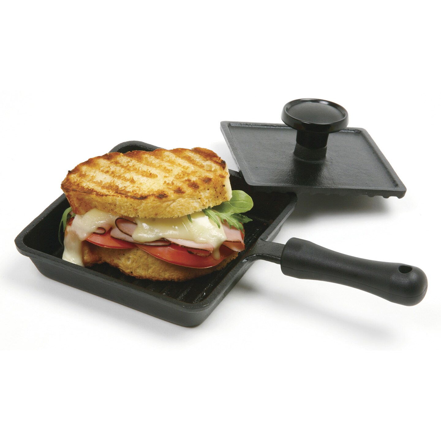 Norpro Pre-Seasoned Cast Iron Mini Panini Pan with Press, Black