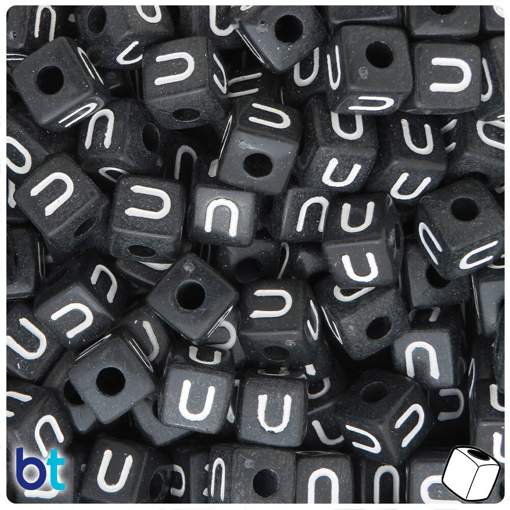 BeadTin Black Opaque 10mm Cube Plastic Alpha Beads - White Letter U (20pcs)