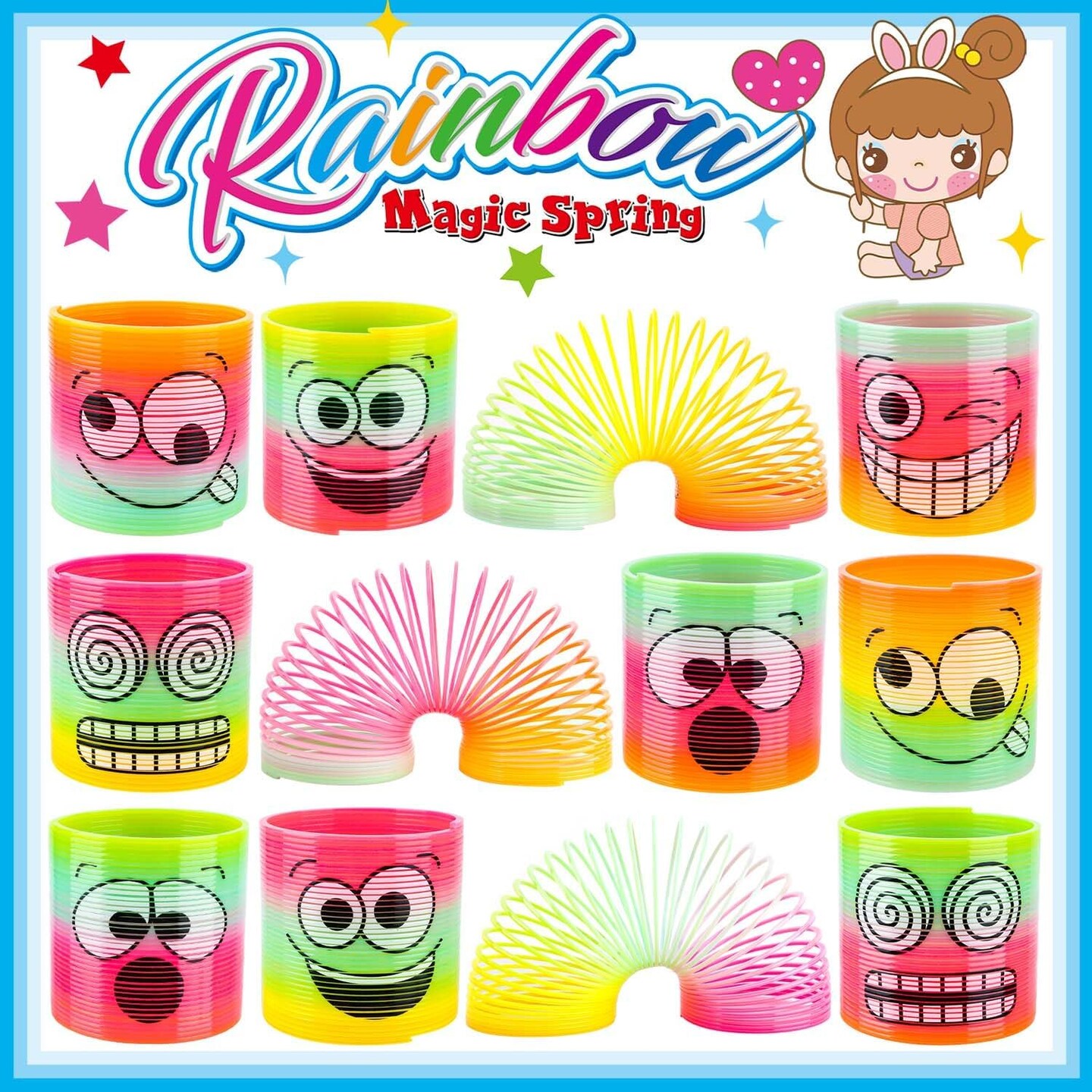 Rainbow Magic Spring, 12Pcs Colorful Plastic Springy Toys Fidget Toys Walking Toy Circle Shaped Coils Party Favors Gift Stocking Stuffers for Boy Girl Children Kids (Rainbow Emoji)