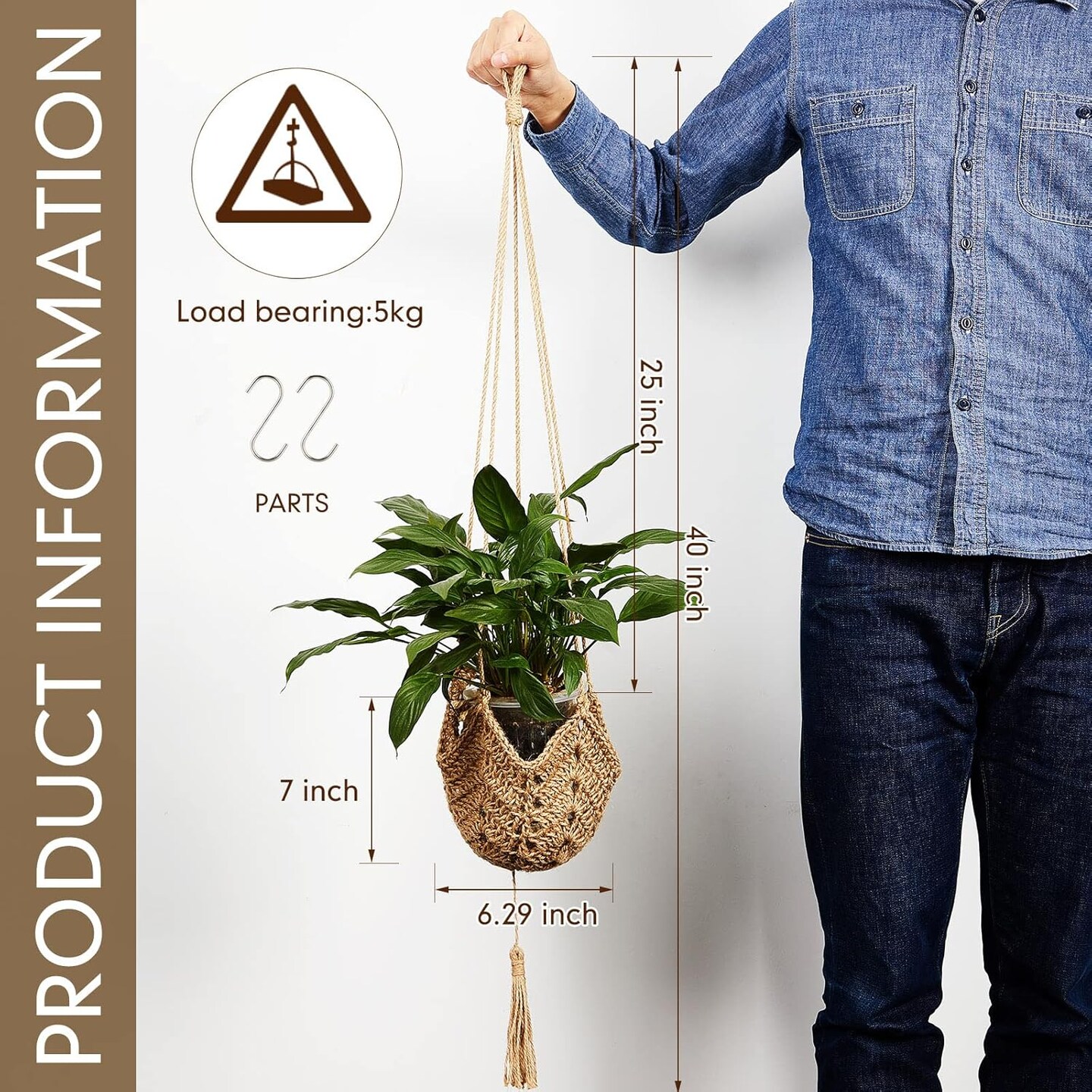 2 Packs Jute Crochet Long Plant Hanger for 3 Inch to 12 Inch Pots, Macrame Plant Holder Rope with 2 S Shaped Hooks for Halloween Home Decor(Brown)
