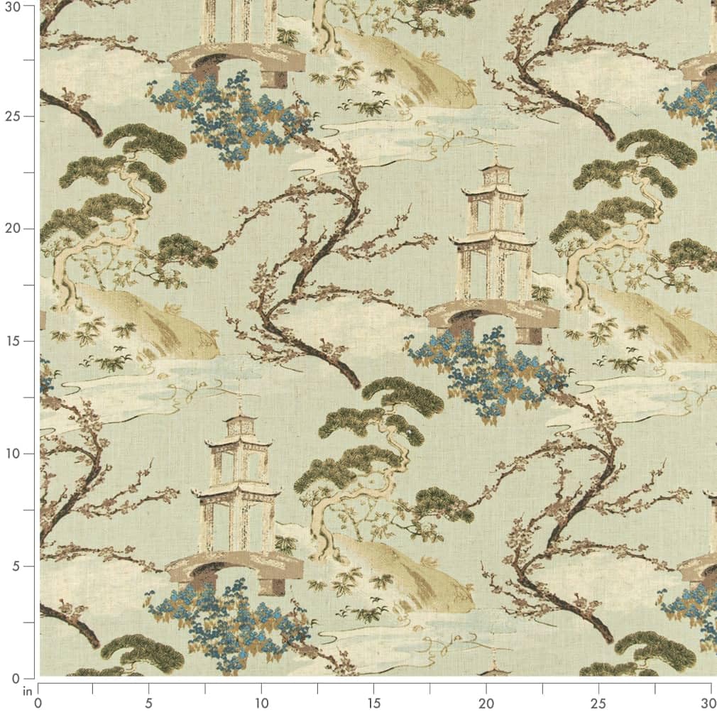 Green Stain Resistant Performance Pet Friendly Global Toile Novelty Print Upholstery Fabric by The Yard - SKU: Linford Seafoam