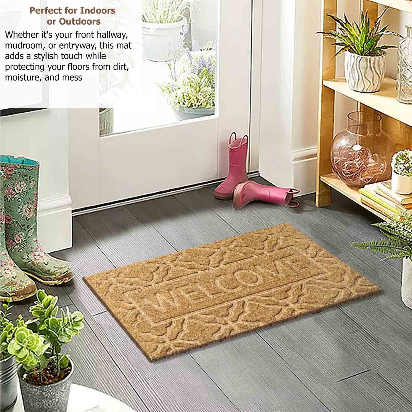 Gardenised Heavy Duty Coco Coir Doormat Non Slip PVC Baking Embossed Welcome Design Natural Coconut Fiber Floor Mat for Front Door Porch Patio Entryway Garage Mudroom & Outdoor Use 18x30"