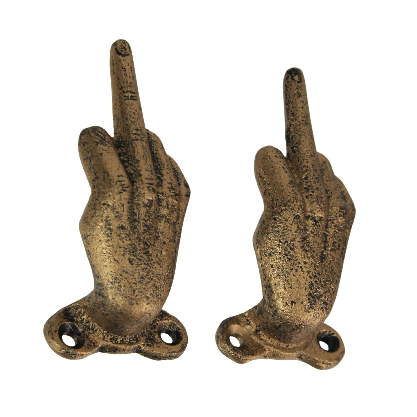 Set of 2 Cast Iron Middle Finger Wall Hooks &#x2013; Bold Antique Gold Hand Gesture Decor for Entryway, Bedroom, or Office &#x2013; Durable, Easy-to-Mount Hooks for Keys, Accessories, and More