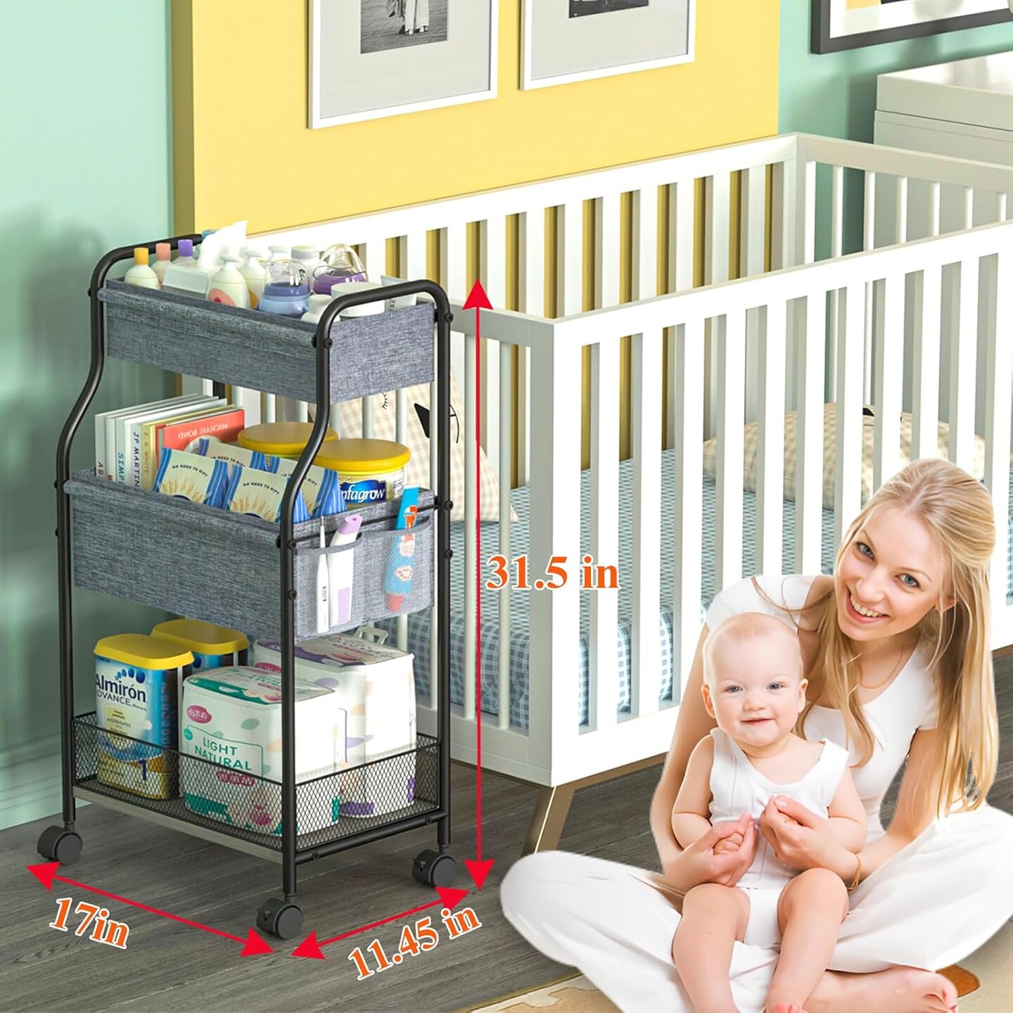 3-Tier Baby Diaper Caddy Organizer and Storage Cart with 4+2 Dividers