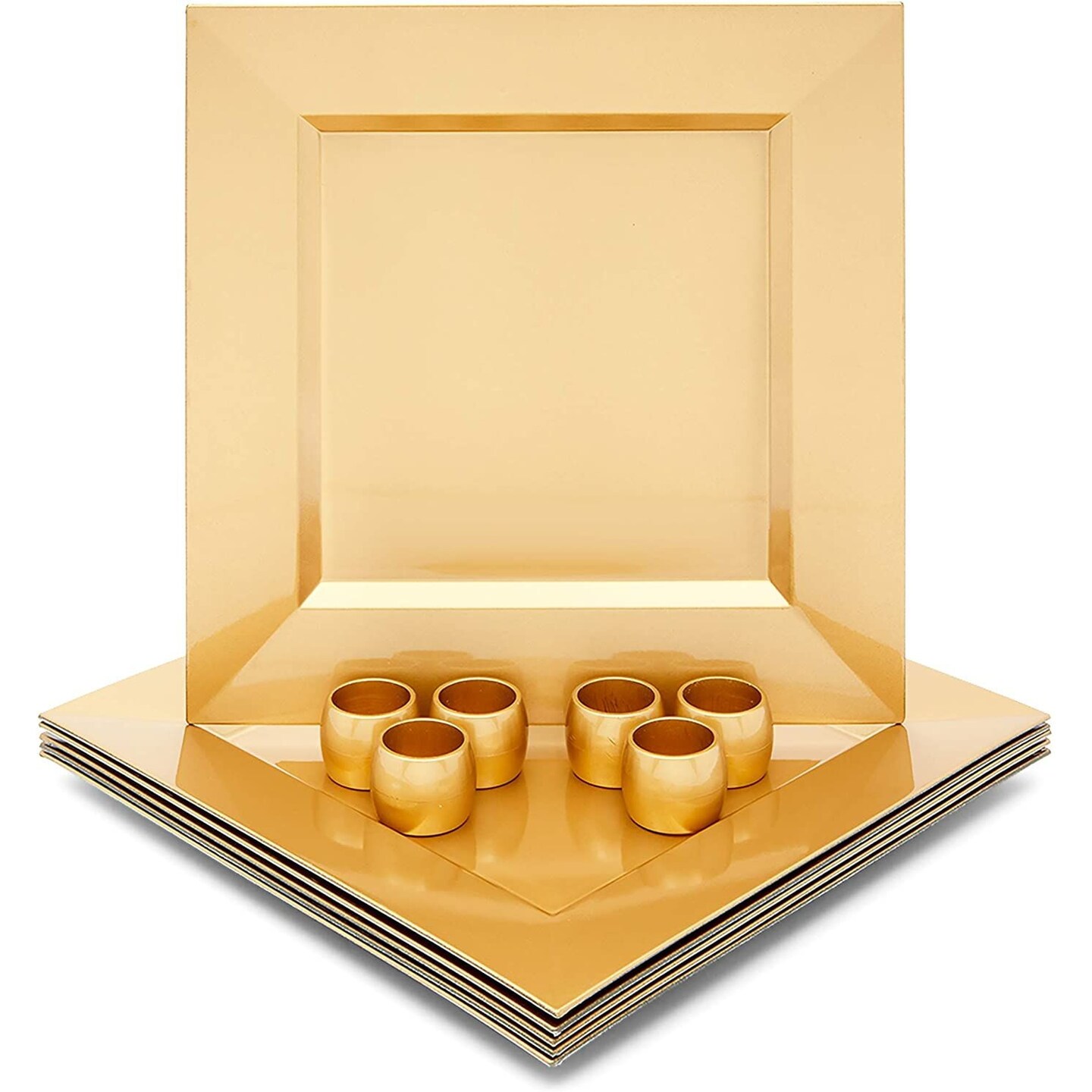 Square Metallic Gold Plastic Charger Plates and Napkin Rings Set (Serves 6)
