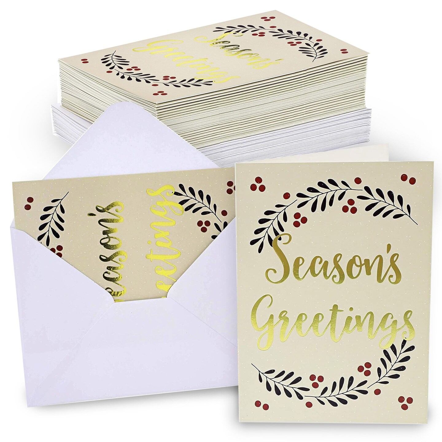 BEST PAPER GREETINGS Holiday Greetings Cards - 5 x 7 In, 36 Pack, Gold Foil, Blank Inside - Season’s Greetings Cards Bulk with Envelopes