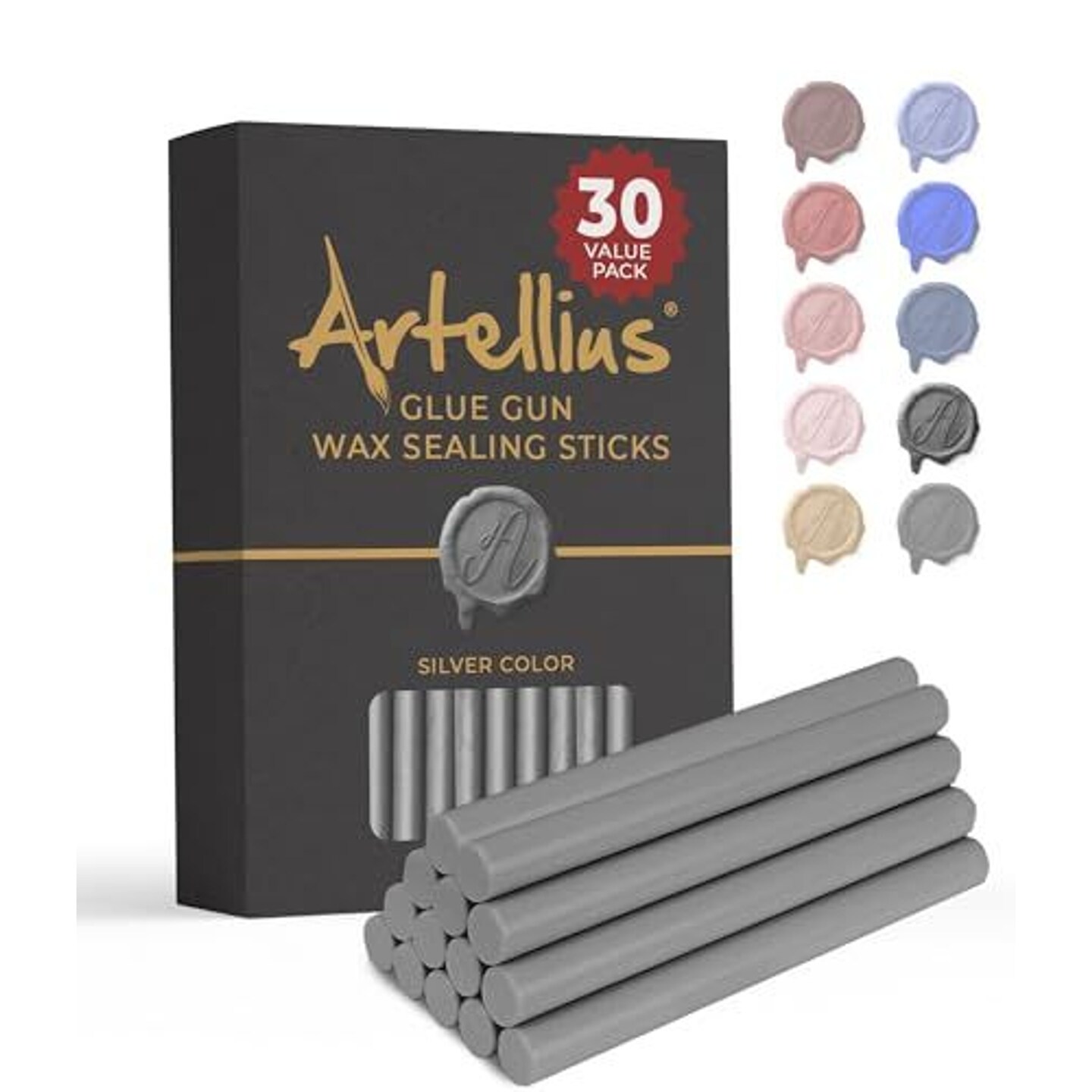 Artellius Premium Sealing Wax Sticks (Bulk 30 Pack) Wax Seal Glue Gun Sticks, Envelope Seal Wax for Stamp Seals - Perfect Wax Seal Sticks for Crafting, Invitations &#x26; Letters - Silver