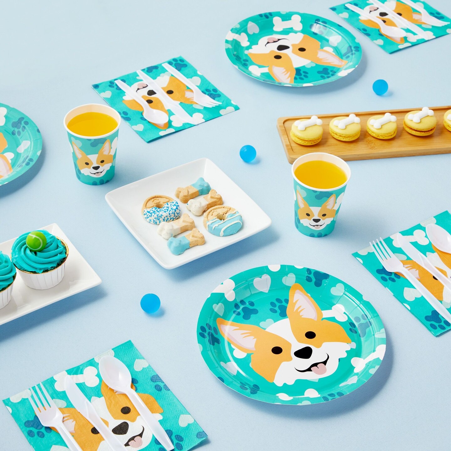 144 Piece Corgi Party Supplies, Dog Birthday Decorations with Paper Plates, Napkins, Cups, and Cutlery (Serves 24)