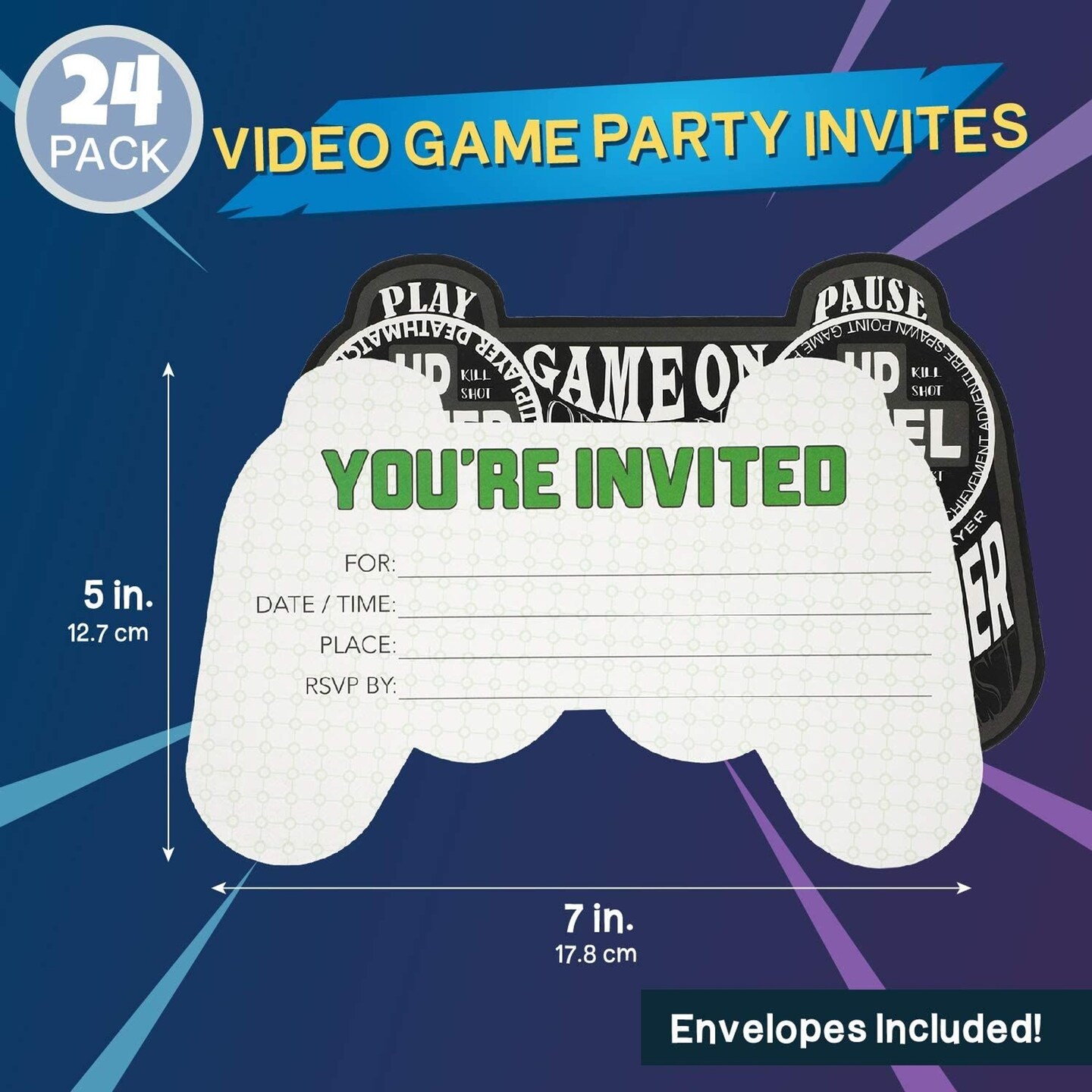 24 Pack Video Game Party Invitations with Grey Envelopes for Boy&#x27;s Birthday Party, Fill-In Design (5 x 7 In)