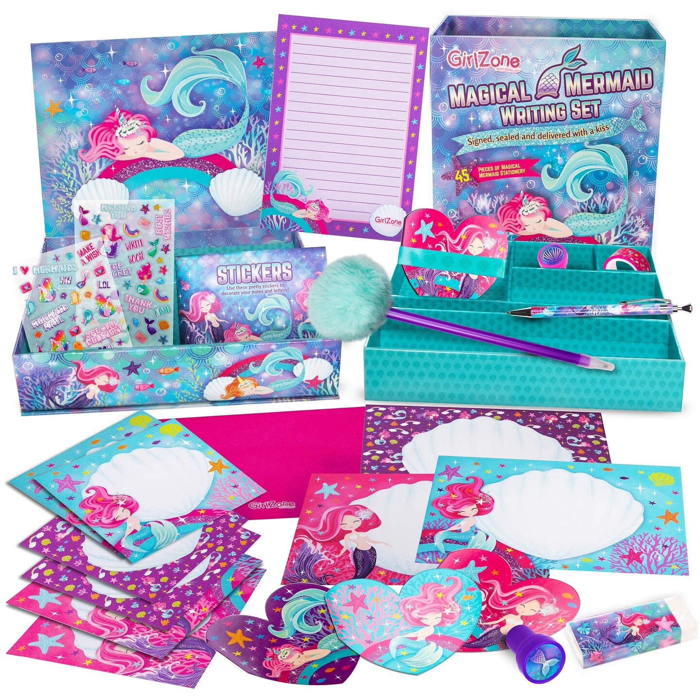 GirlZone Mermaid Stationery Set - 45-Piece, White Paper - Mermaid Writing Set & Letter Writing Kit for Kids