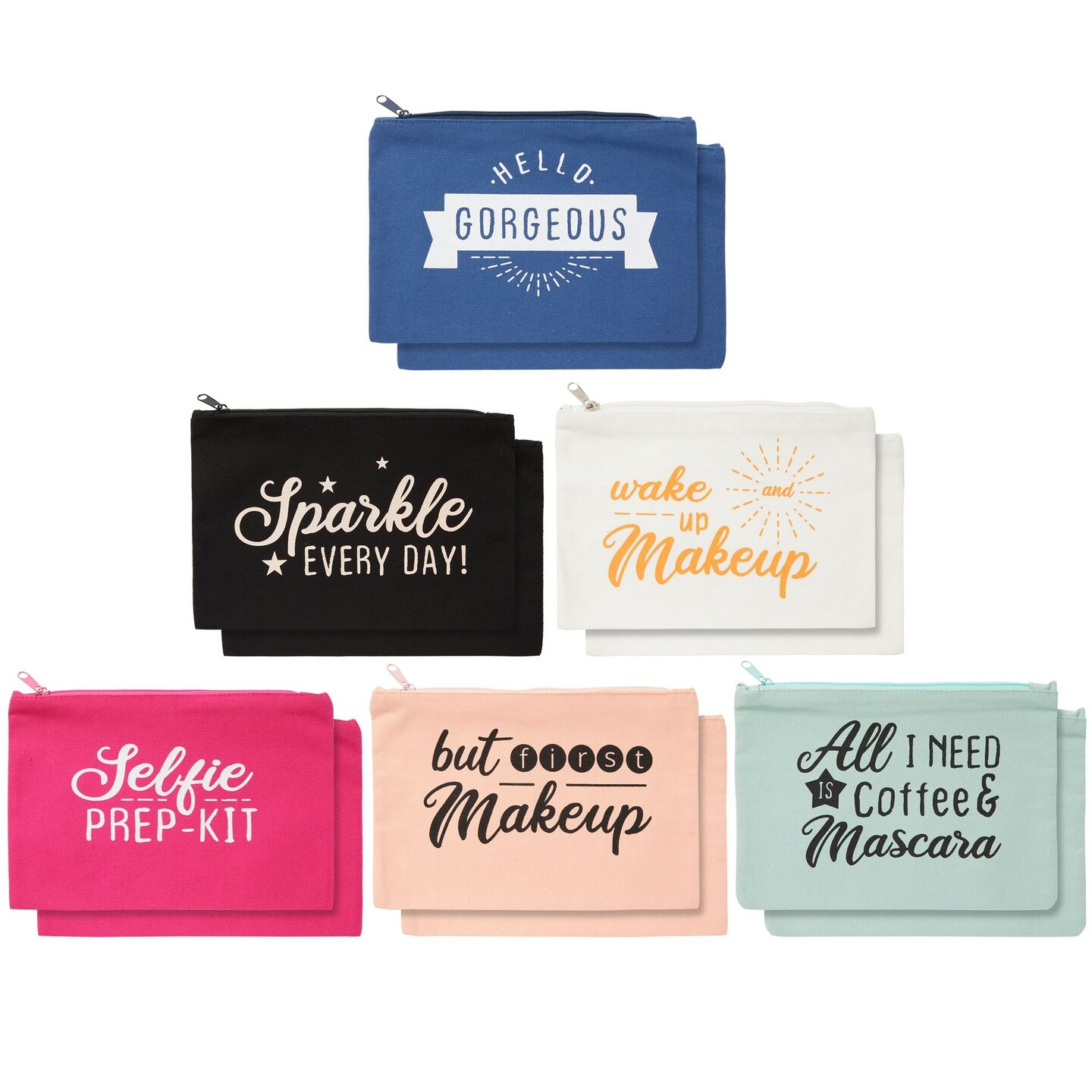 12-Pack Motivational Quote Canvas Bulk Makeup Bags with Zippers - 6x8 makeup bag for Women and Teens, Traveling, Work, Everyday Use (6 Designs)