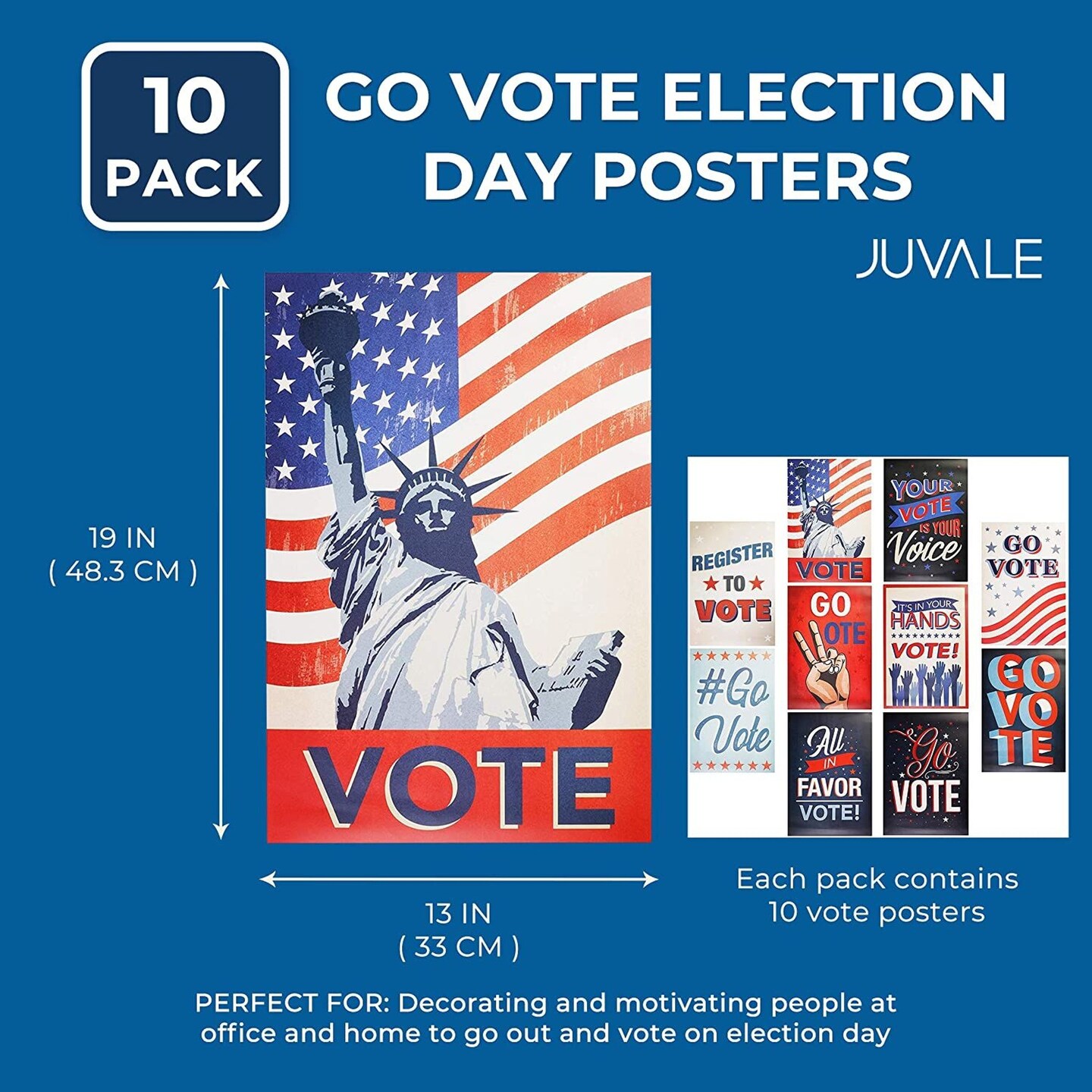 Juvale 10-Pack Go Vote Patriotic Election Day Posters, 13 x 19 in, Red, White and Blue Patriotic Decorations for 2024 Campaign, Voter Awareness, Labor and Veterans Day