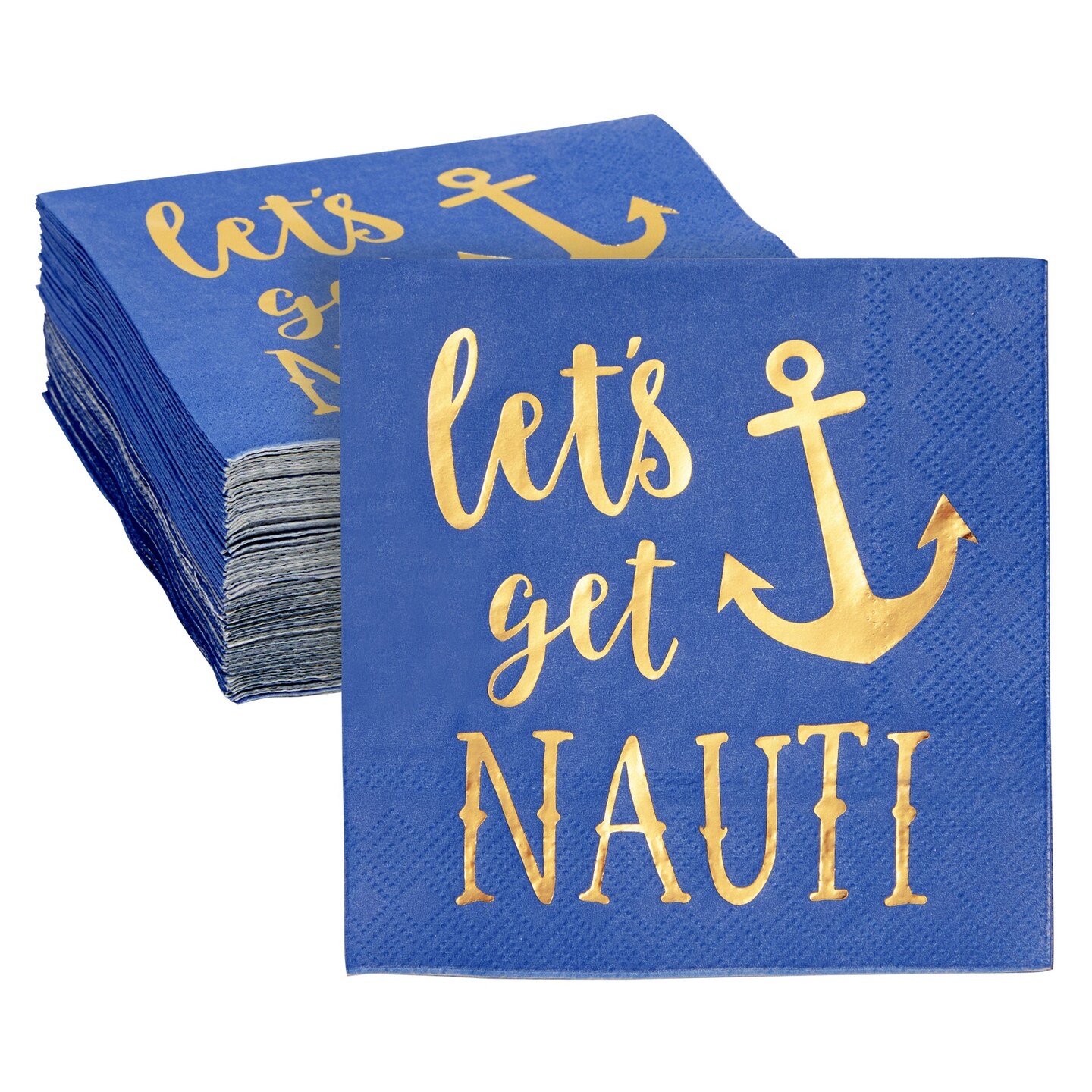 50 Pack Blue Nautical Napkins for Let&#x27;s Get Nauti Bachelorette Party Decorations, Gold Foil Anchor (5 x 5 In)