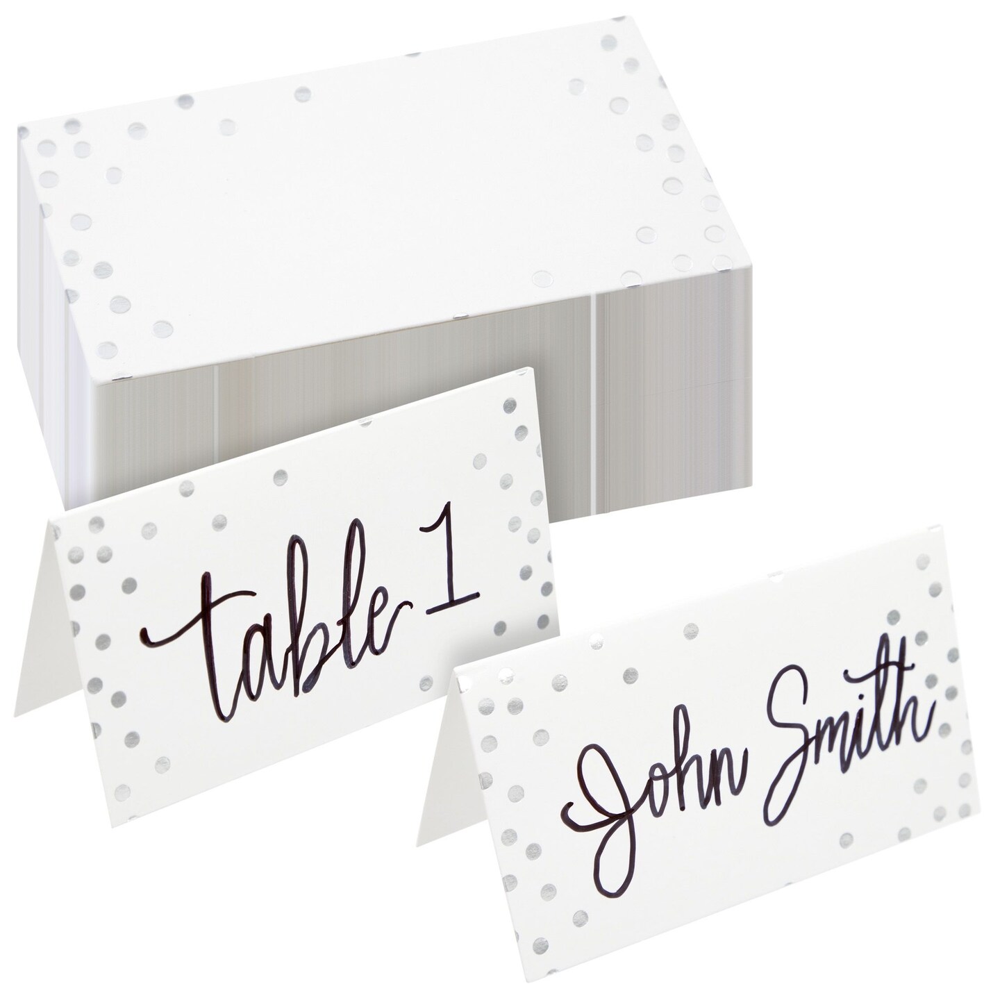 100 Pack Wedding Place Cards for Table Setting, Blank Table Name Card, Silver Foil Polka Dot Place Cards for Birthday, Banquet, Events, Reserved Seating