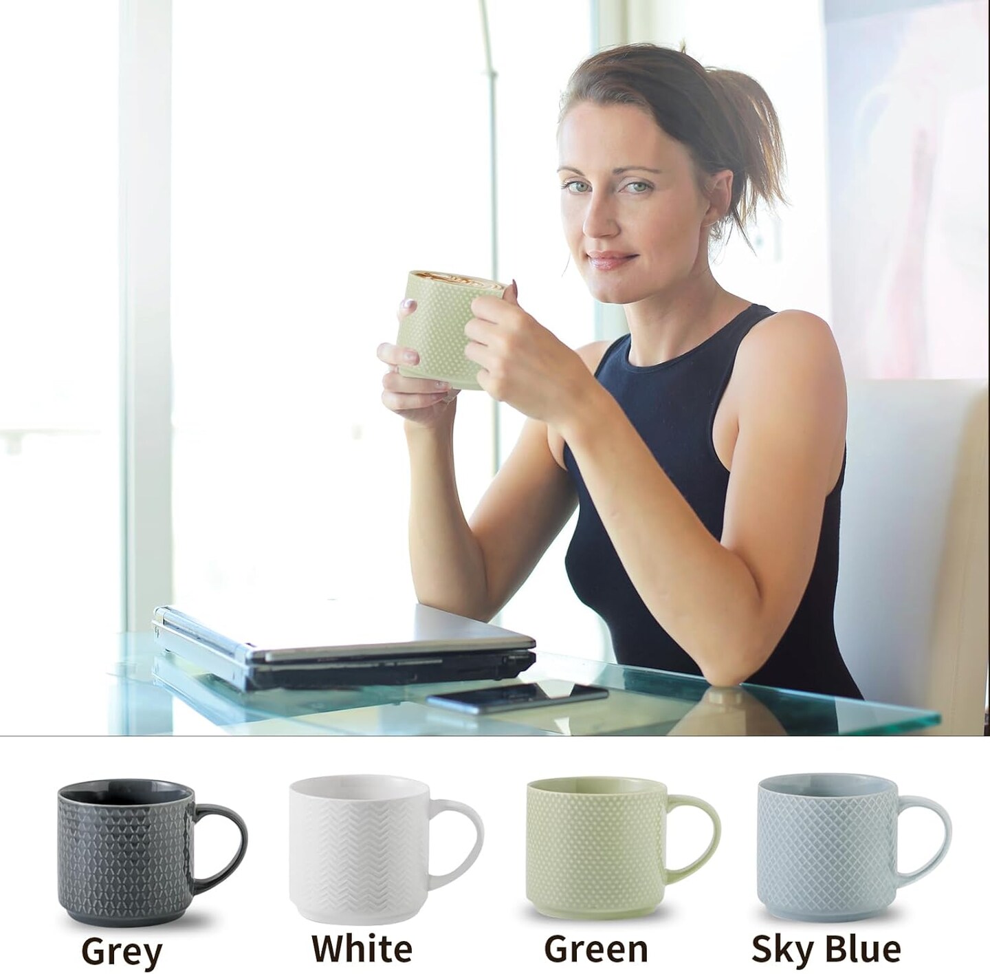 Coffee Mugs, Stackable Porcelain Coffee Cups Gift Set of 4 with Metal Stand
