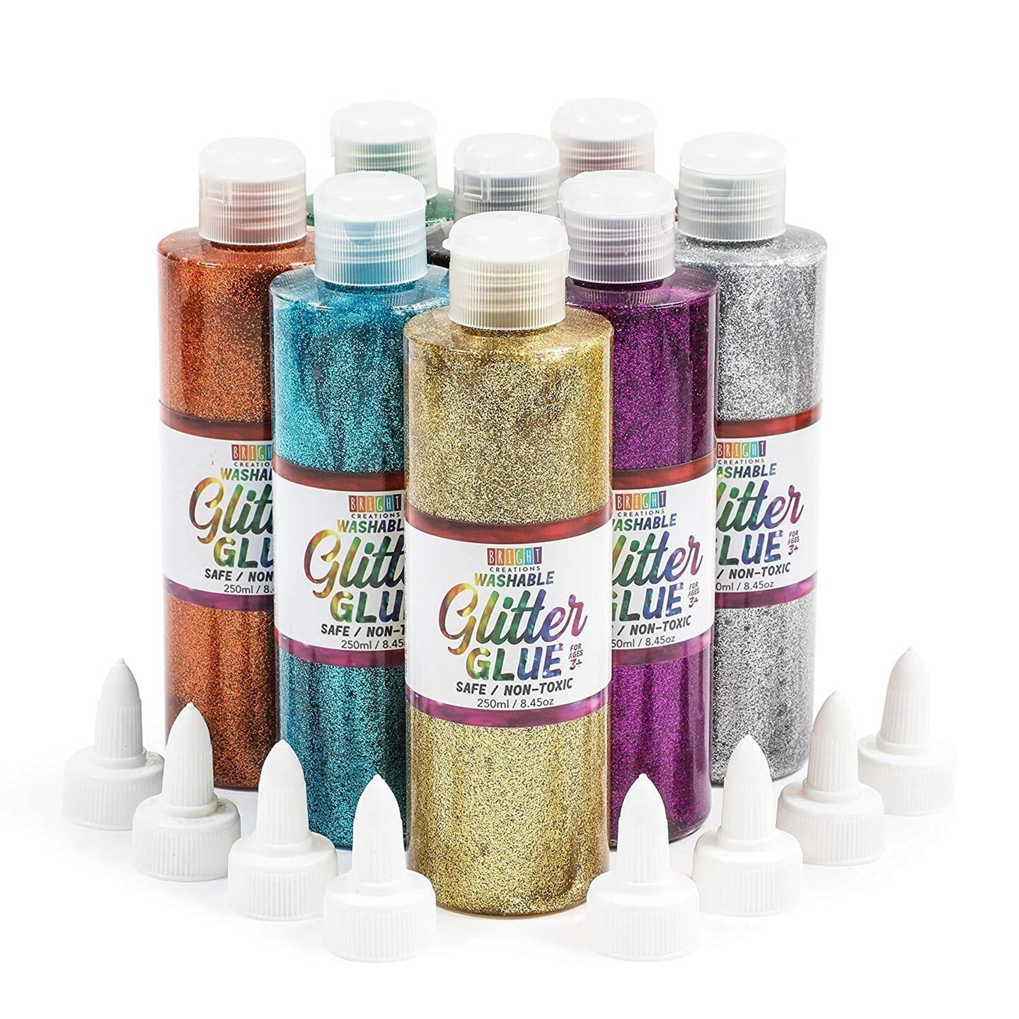8 Pack Glitter Glue, 8 oz Each, 16 Caps, Metallic Colors &#x2013; Ideal for DIY, School Projects, Arts and Crafts, Easy Squeeze Bottles for Kids and Adults