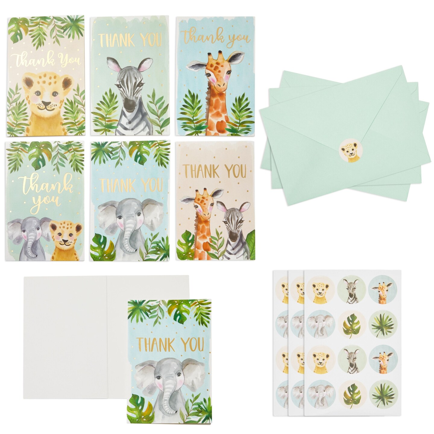 Safari Baby Shower Thank You Cards with Envelopes, Seal Stickers (4x6 In, 48 Pack)