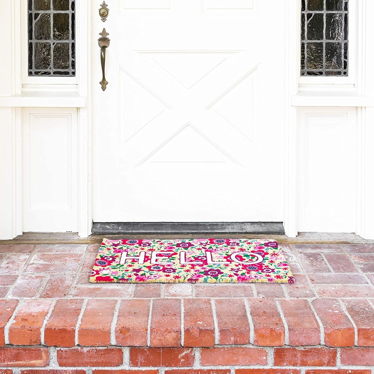 Juvale Natural Spring &#x22;Hello&#x22; Floral Coir Welcome Doormat for Front Door, 17 x 30 Inches, Ideal for Door Entrance, Backyard, Entryway