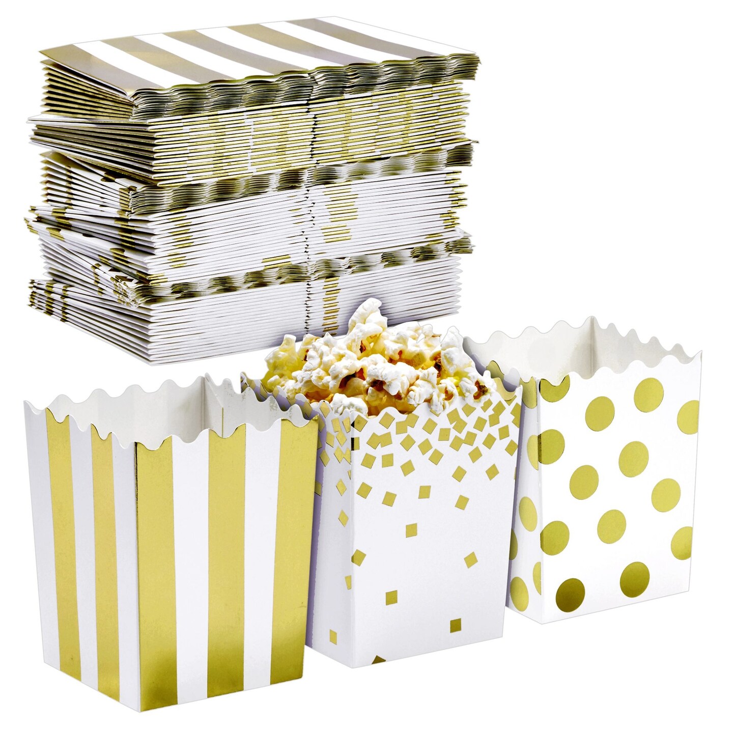Juvale Mini Popcorn Boxes - Popcorn Containers for Bar Supplies, Carnival Decor & Circus Decorations & Movie Party Favors - 3 x 4 x 2.8 in, White & Gold Polka Dot, Pack of 60