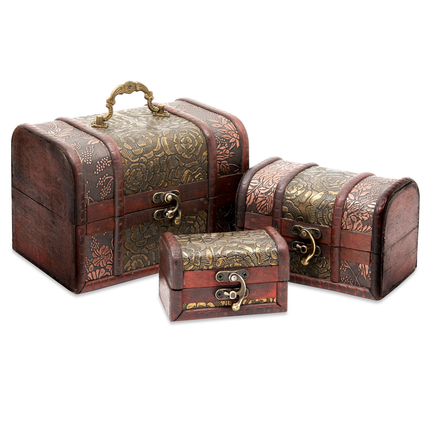 3-Set Wood Treasure Chest Decorative Boxes with Flower Motifs - Vintage Style Small Treasure Box Set for Jewelry, Coin Collection, Bathroom and Home D&#xE9;cor (3 Sizes)