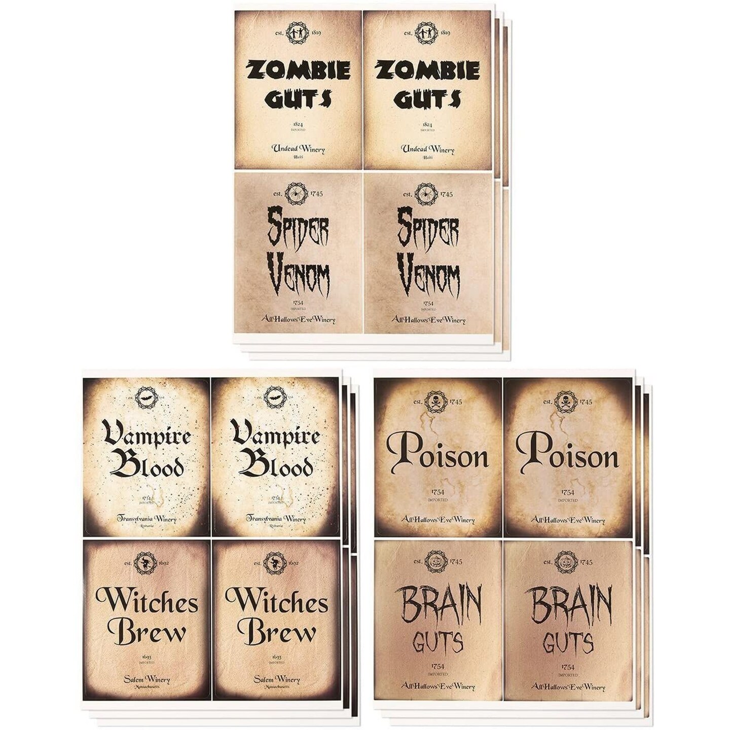 Halloween Bottle Labels, Wine Label Stickers (6 Designs, 36 Pack)