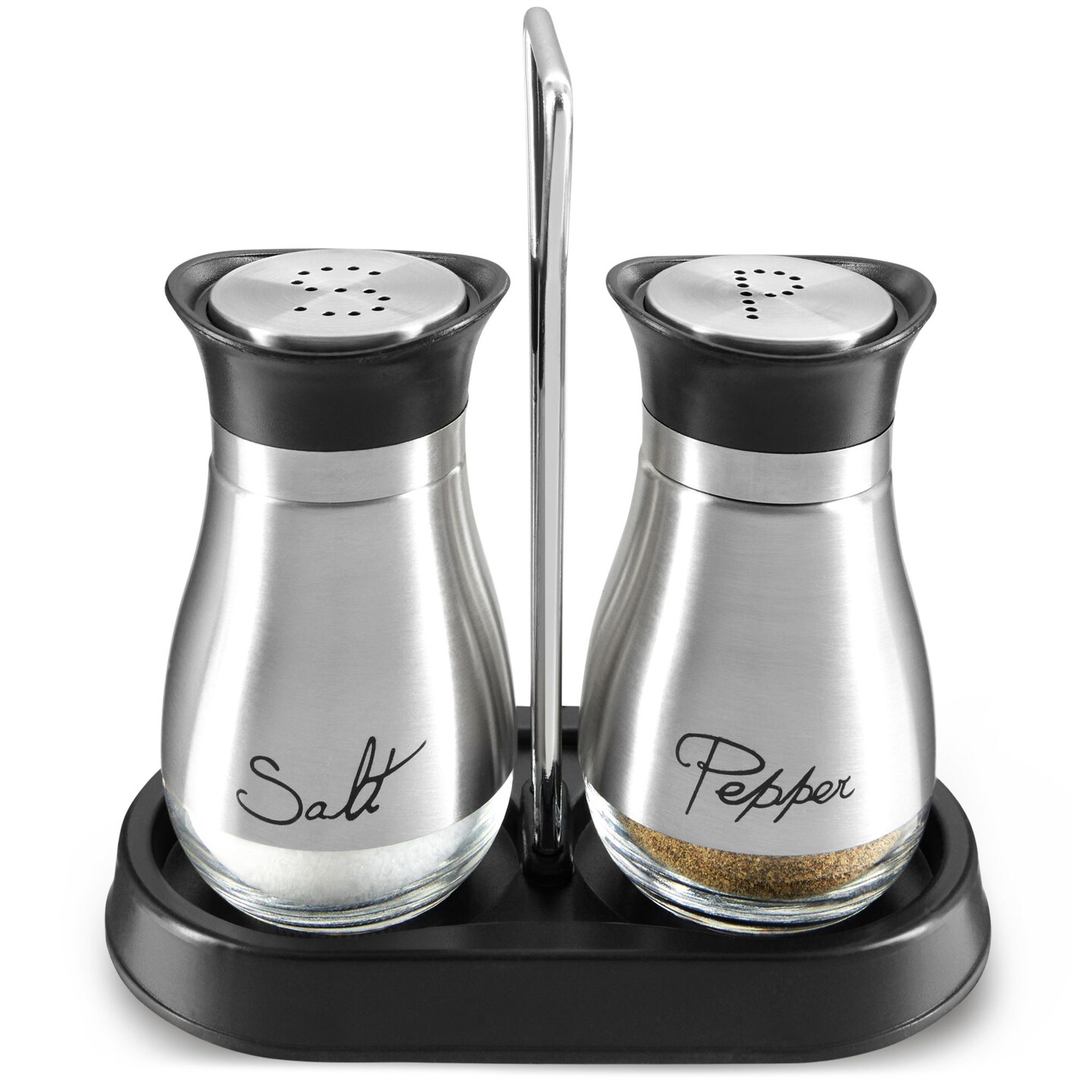 Juvale Stainless Steel Salt and Pepper Shakers Set with Holder, Refillable, Clear Glass Bottoms, Screw-Off Perforated "S" and "P" Caps for Kitchen Table Decor (4oz)