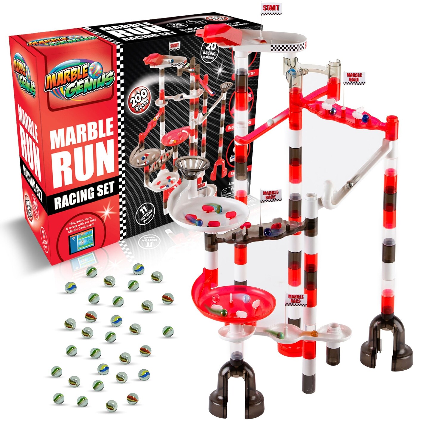 Marble Genius Marble Run Racing Set: 200-Piece Marble Run Racing Set Toys for Kids, Marbles Maze Tower Building Blocks, Marbles Race Track Rolling Game, Educational Learning STEM Toy Gift