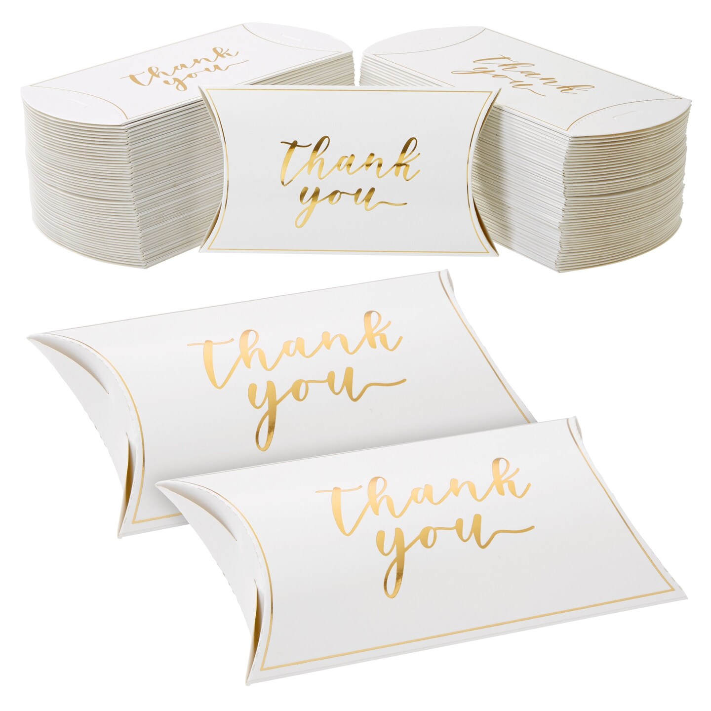 100-Pack Wedding Favor Pillow Boxes, Bulk 5.2x3.2-Inch Kraft Paper Thank You Gift Boxes for Party Favors (White with Gold Script)