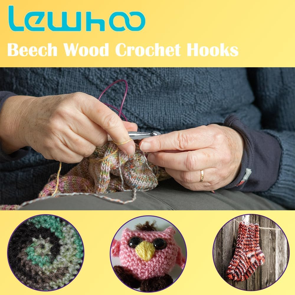 Beech Wood Crochet Hooks 3.0mm~6.5mm, Ergonomic Crochet Hooks Set with Roll Felt Case
