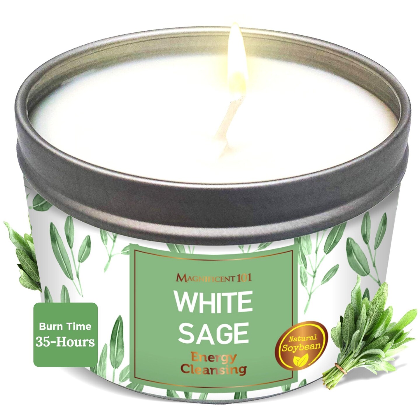 Magnificent 101 Long Lasting Pure White Sage Scented Smudge Candle - 6 Oz - 35 Hour Burn - Made of Soy Wax for House Energy Cleansing, Purification & Manifestation - Soy Candles