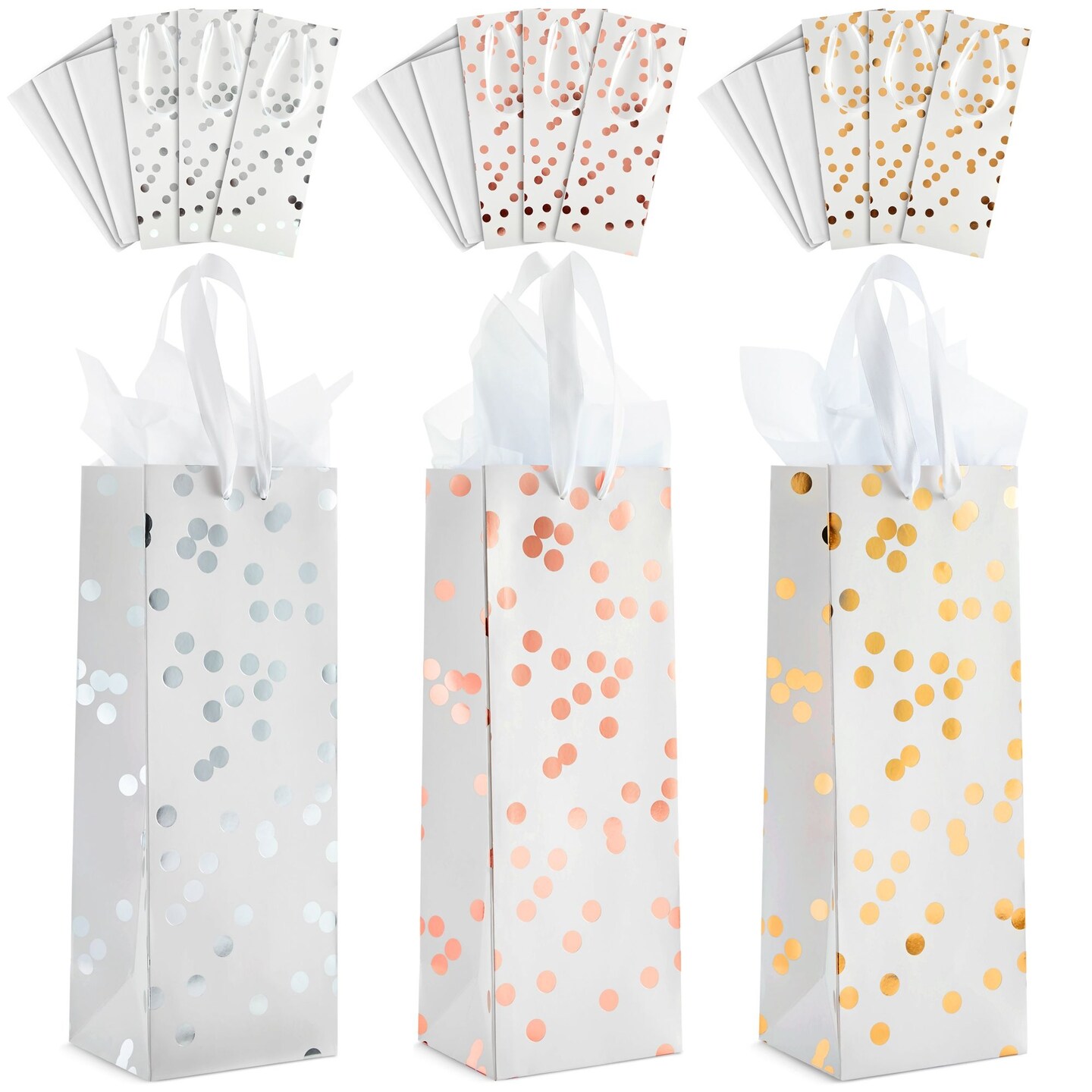 12-Pack Wine Gift Bags with Ribbon Handles and Tissue Paper for Wine Bottles, Liquor, Champagne, Sparkling Cider, Elegant Polka Dot Foil Designs (3 Colors, 13.8x5x4 in)