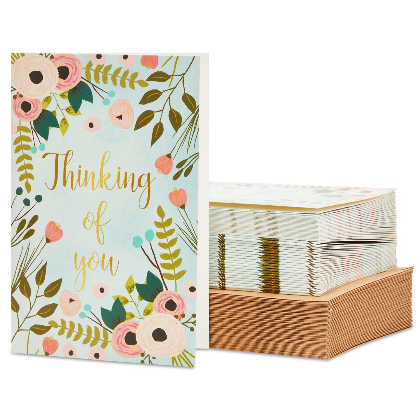 48 Pack Thinking of You Cards Bulk with Brown Envelopes, Gold Foil and Floral Design (4x6 in)