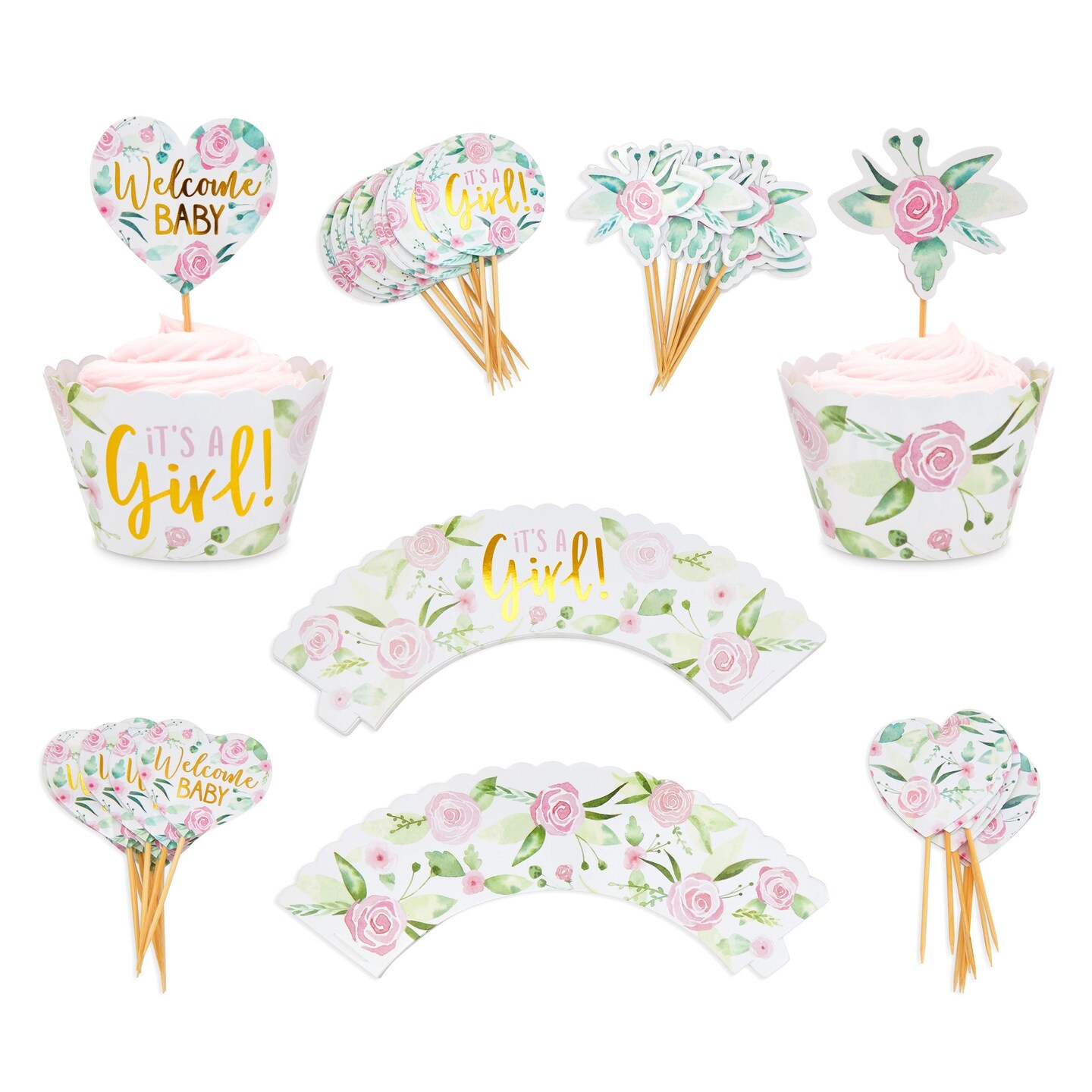 48 Pack It&#x27;s a Girl Cupcake Wrappers and 48 Toppers for Baby Shower, Gender Reveal