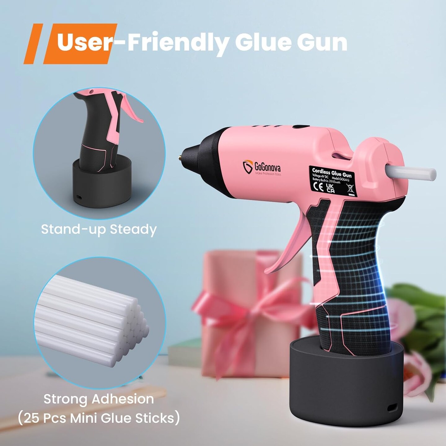 Cordless Glue Gun, 15s Fast Preheating 2Ah Cordless Hot Glue Gun with 25 Pcs Premium Mini Glue Gun Sticks, USB-C Battery Rechargeable hot glue gun, Smart Power-Off, Pink