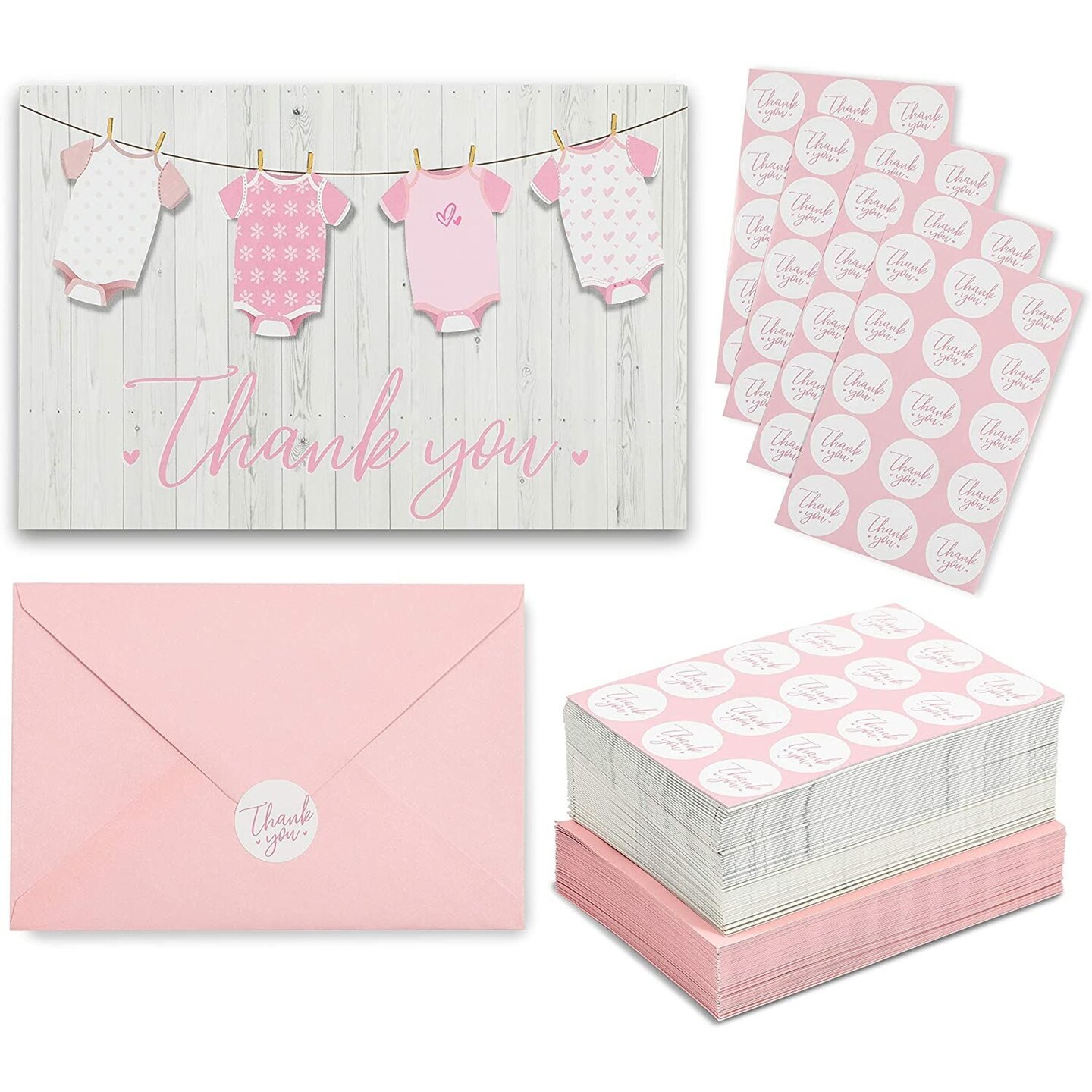 Pipilo Press 60 Pack Girl Baby Shower Thank You Cards with Pink Envelopes, 60 Stickers Included (Clothesline Design, 6x4 in)