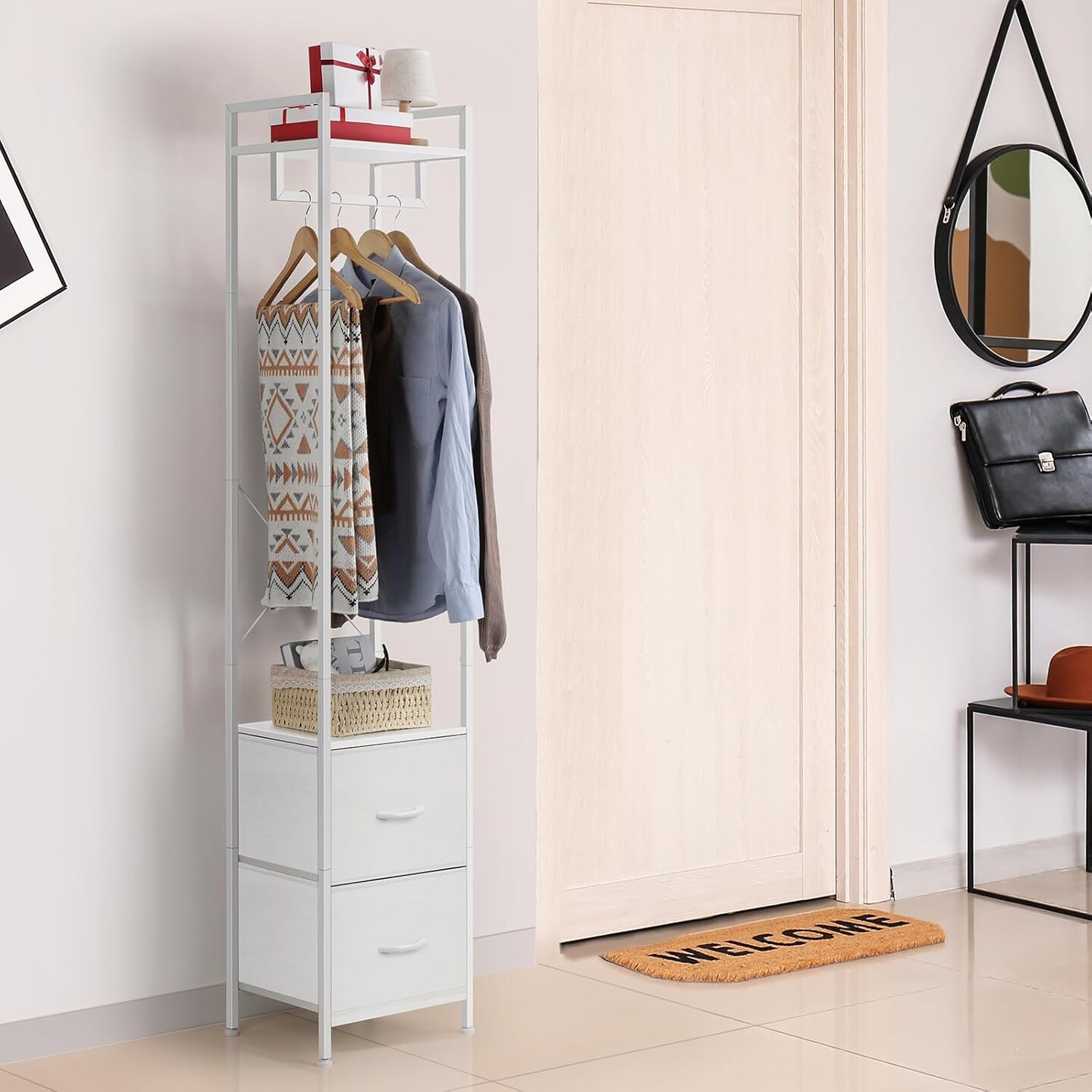 White Heavy Duty Garment Rack with 2 Fabric Drawers | 3-in-1 Freestanding Clothing Organizer | 80lb Capacity Steel Frame &#x26; X-Brace Stability