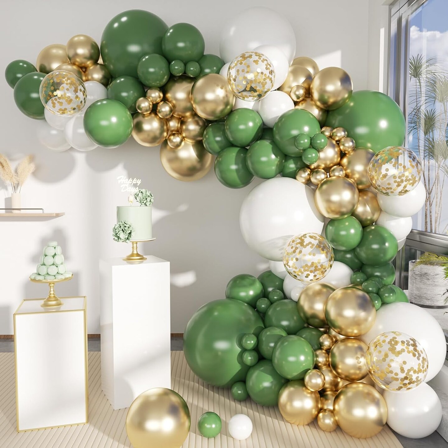 Green White Gold Balloon Arch Kit, 146Pcs Avocado Green Metallic Chrome Gold Confetti and White Latex Balloons