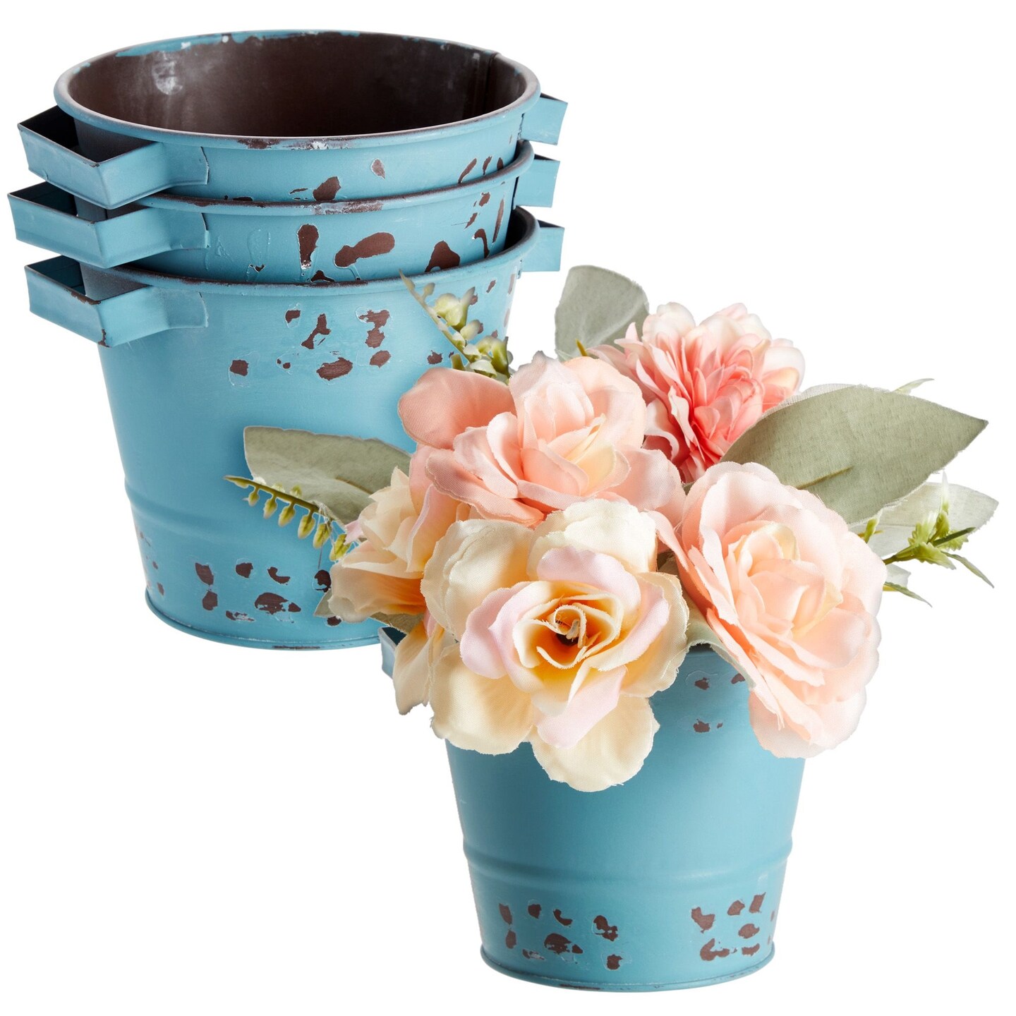 4 Pack Small Galvanized Buckets with Handles, Blue Metal Tin Planters for Plants, Flower Pots (5 x 4 Inch)