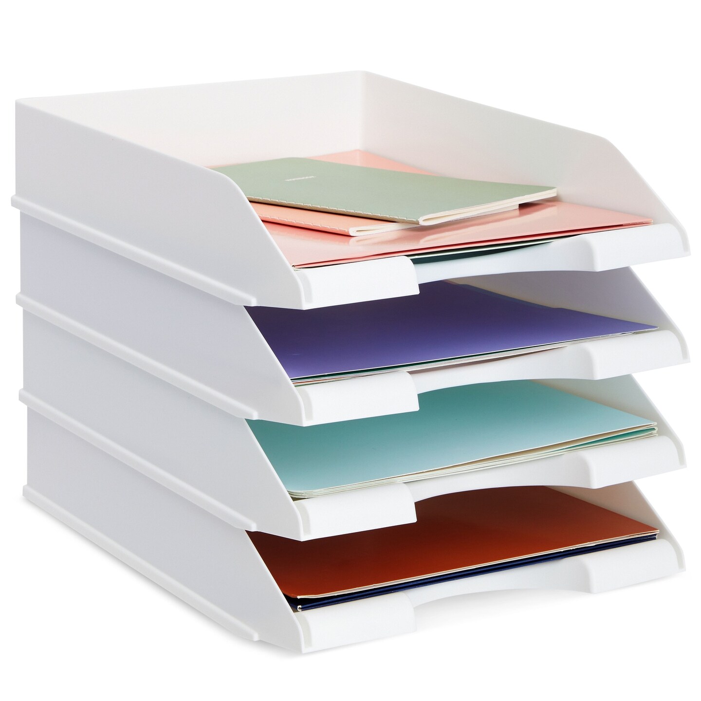 4 Pack White Stackable Paper Trays for Letter Documents, Desktop File Organizers for Office Supplies, Stackable Desk Tray Holder for Paper Storage (10 x 13.45 x 2.5 In)