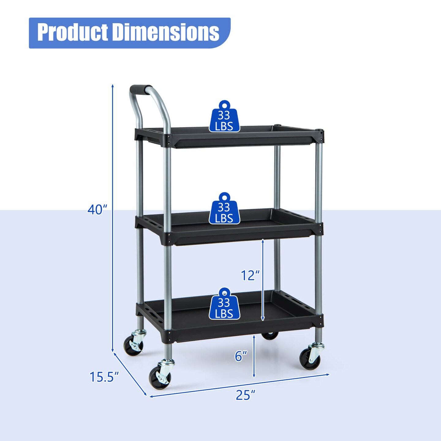 Costway 3 Layer Utility Rolling Tool Cart with Lockable Universal Wheels Ergonomic Handle