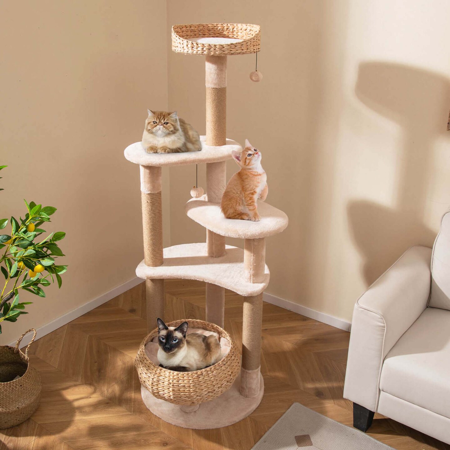 Costway 65" Cattail Cat Tower with Jute Scratching Posts Perch Basket Bed Dangling Balls