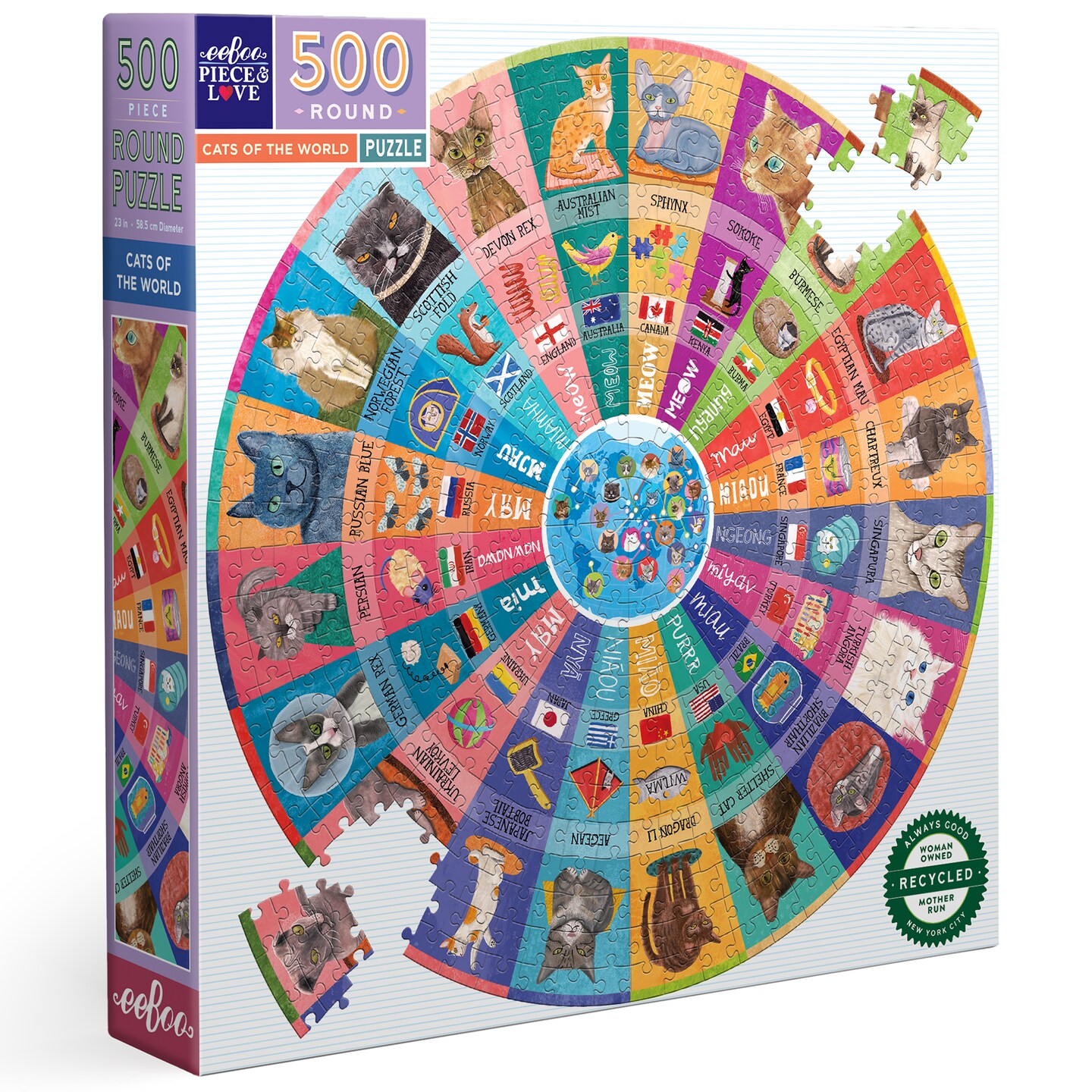 eeBoo Piece &#x26; Love: Cats of the World - 500 Piece Puzzle - Adult Round Jigsaw, 23&#x22; Diameter, Includes Image Reference Insert, Glossy High-Quality Pieces
