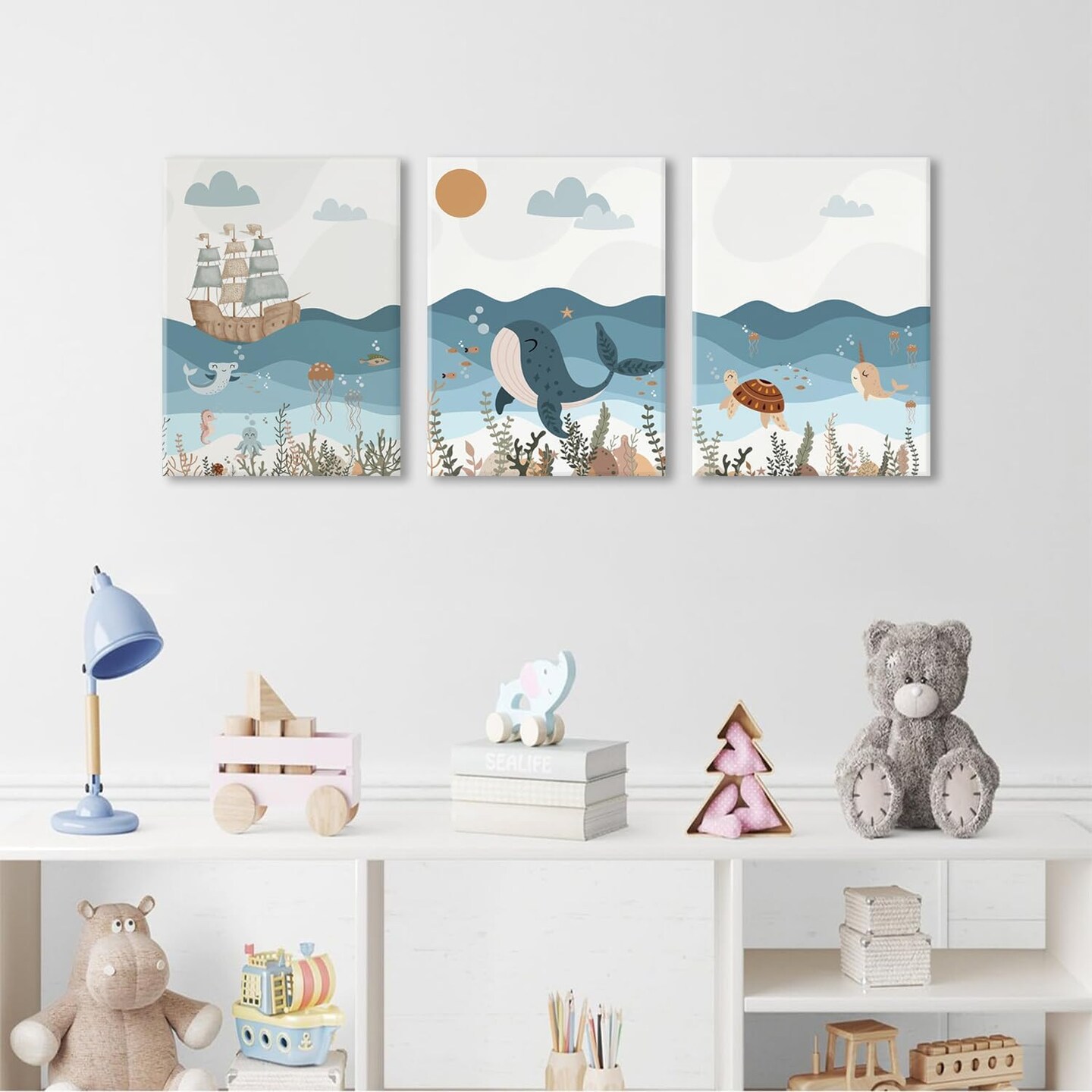 Framed Summer Blue Ocean Nautical Nursery Canvas Wall Art Decor Sea Turtle Whale 12&#x22;x16&#x22;