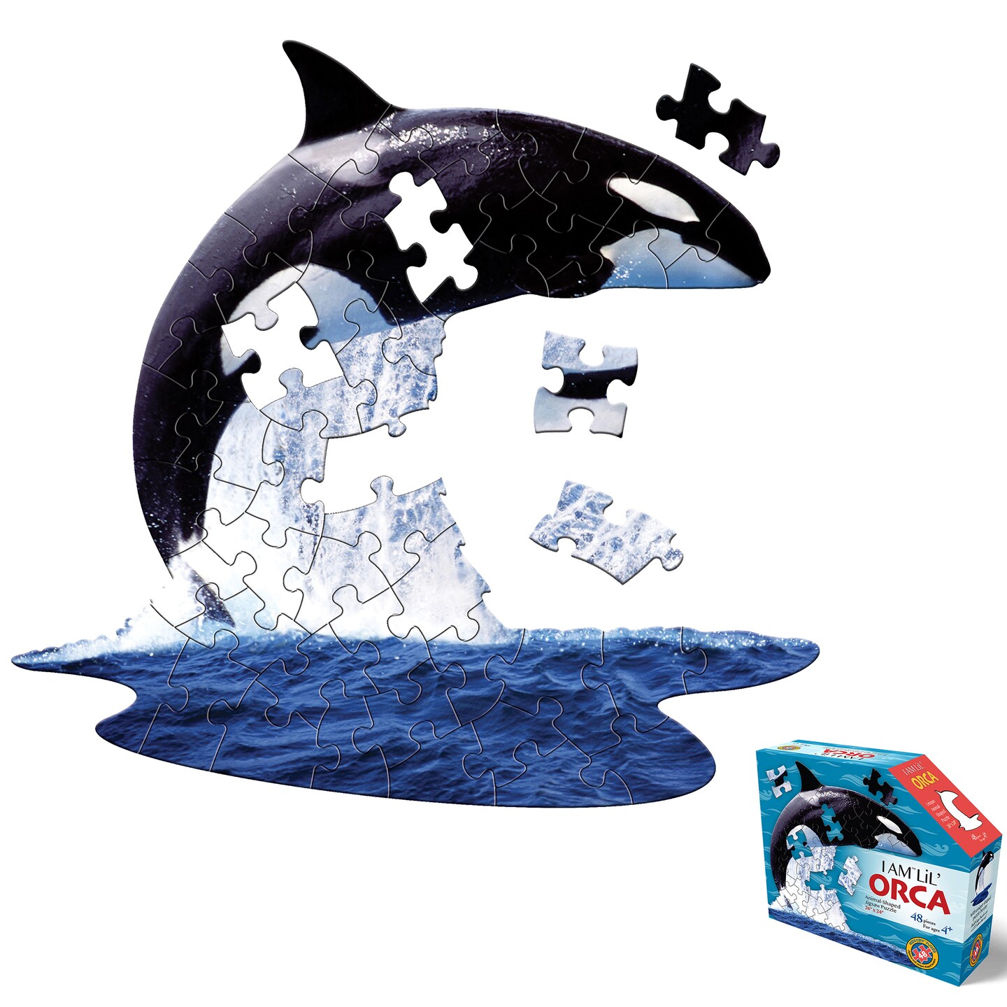 Madd Capp: I Am Lil&#x27; Orca - 48 Piece Puzzle - Kids Whale-Shaped Puzzle, 26x24&#x22; Size, Ocean Animal, Poster Reference, Educational Fun Fact Booklet
