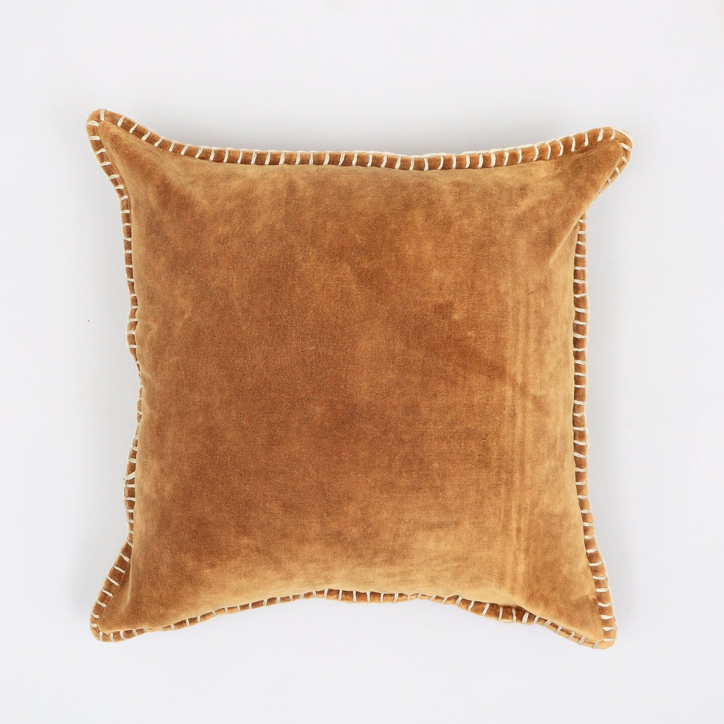Stonewashed Cotton Velvet Throw Pillow with Decorative Handstiched Edges - 19&#x22;x 19&#x22;