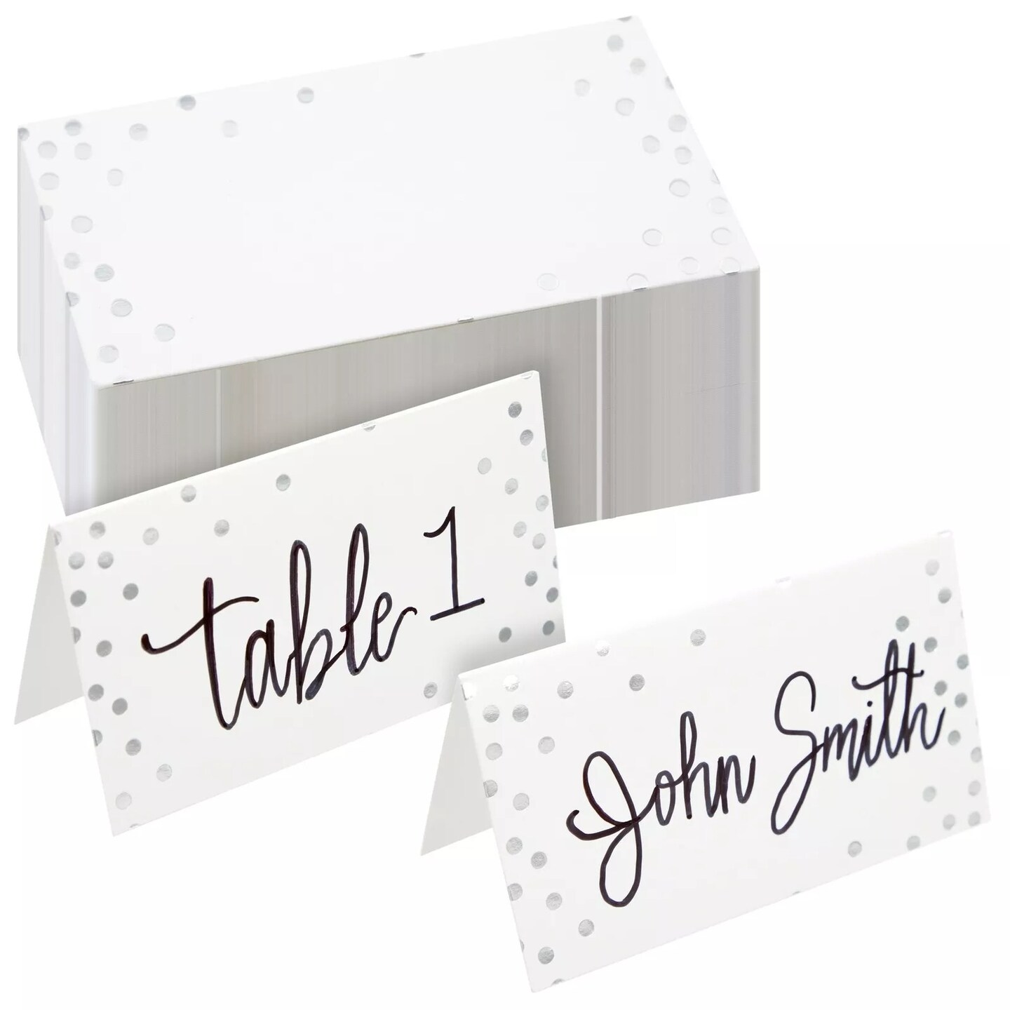 100 Pack Wedding Name Place Cards for Table, Silver Polka Dot Cards, 2x3.5 In