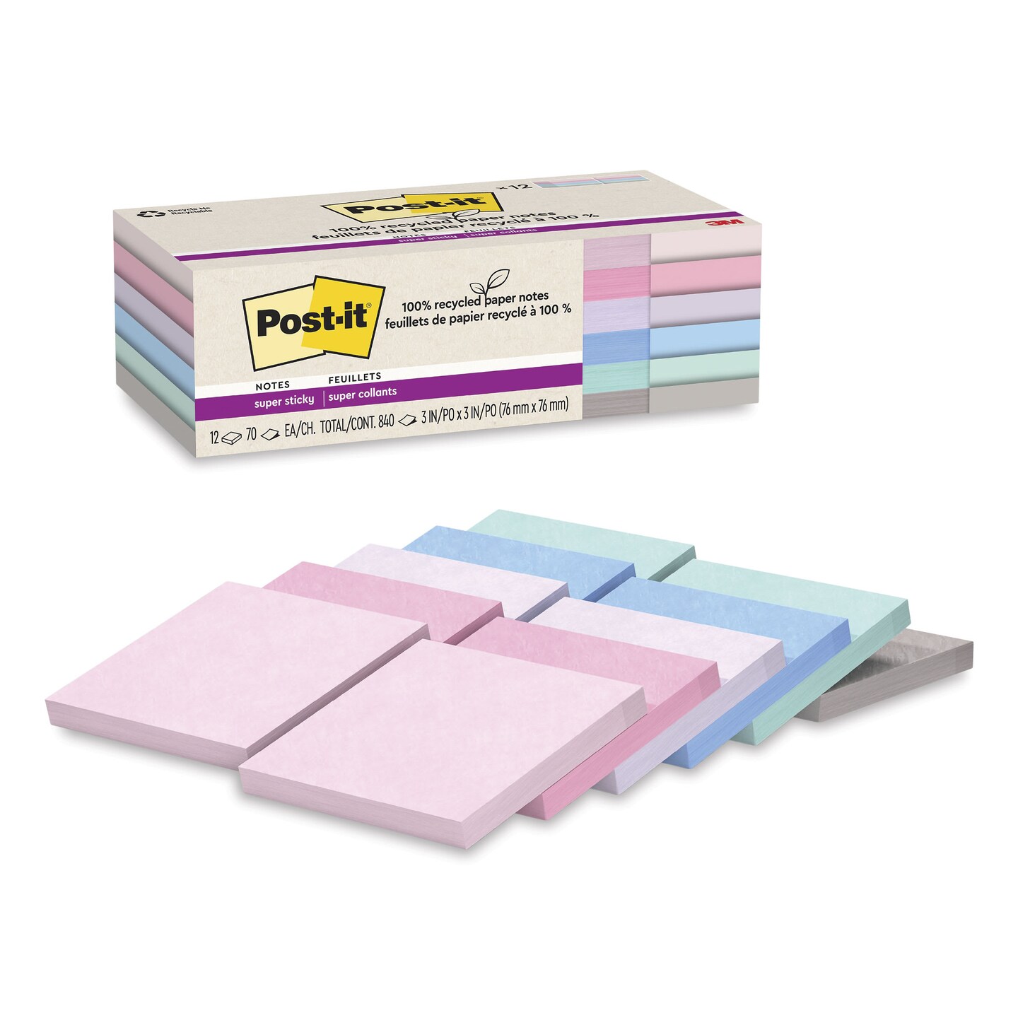Post-it Recycled Super Sticky Notes - Wanderlust Pastels Collection, 3" x 3", Pkg of 12